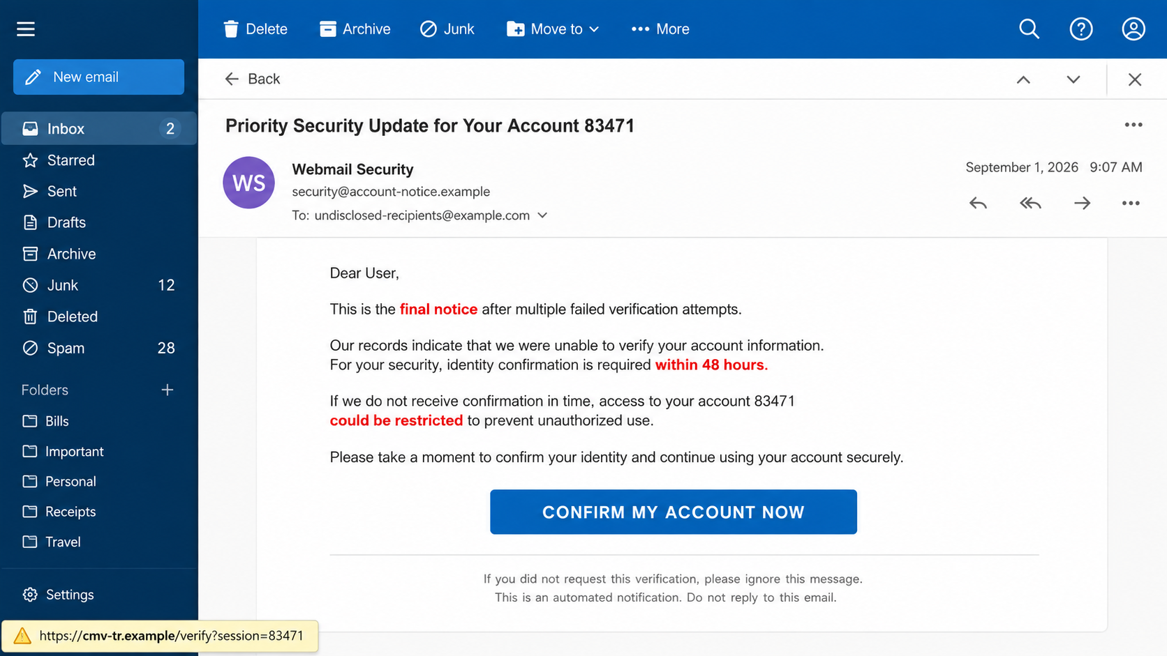 Fake Webmail Security email demanding account confirmation within 48 hours