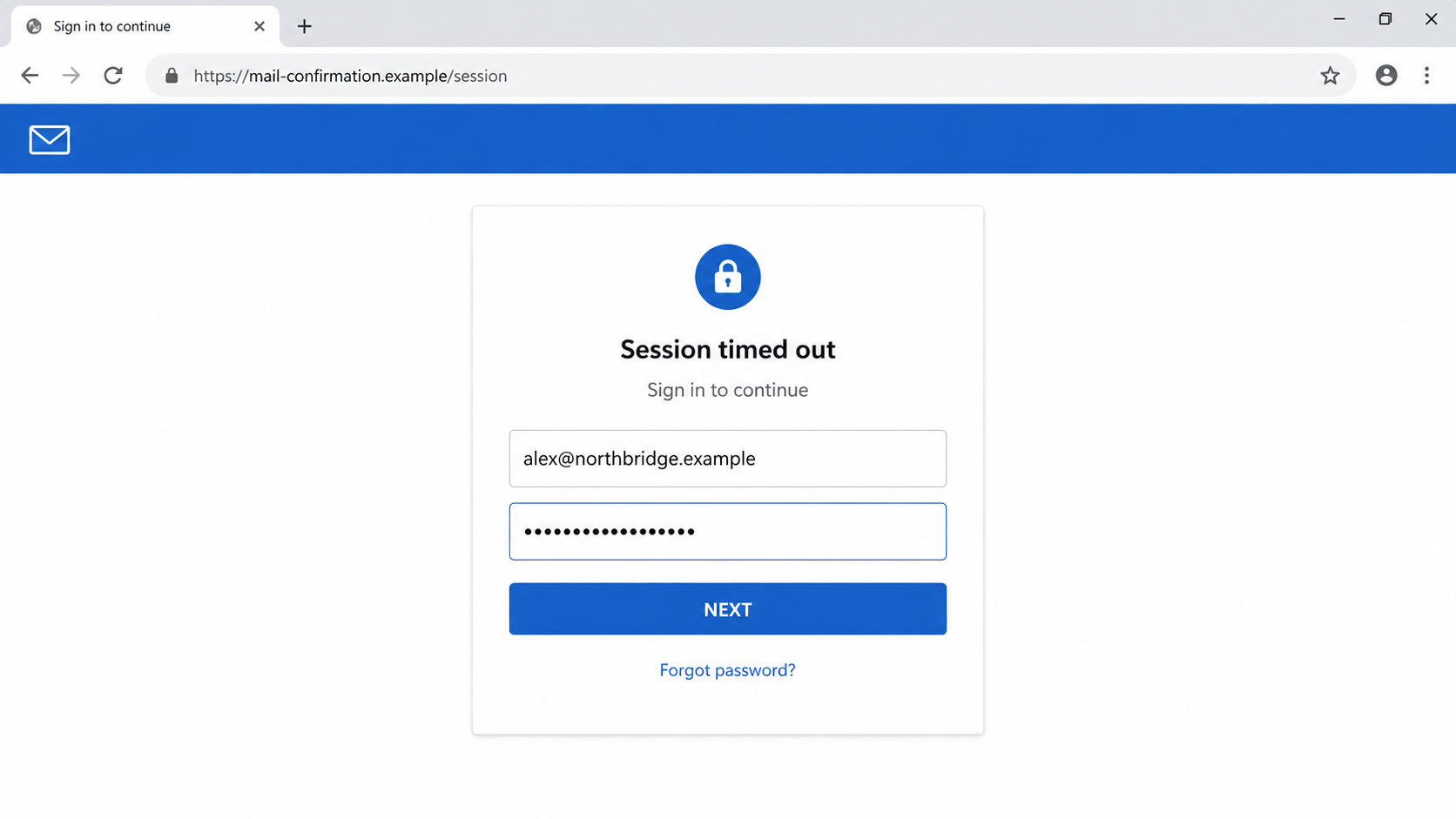 Fictional phishing page requesting a webmail password on an unrelated domain