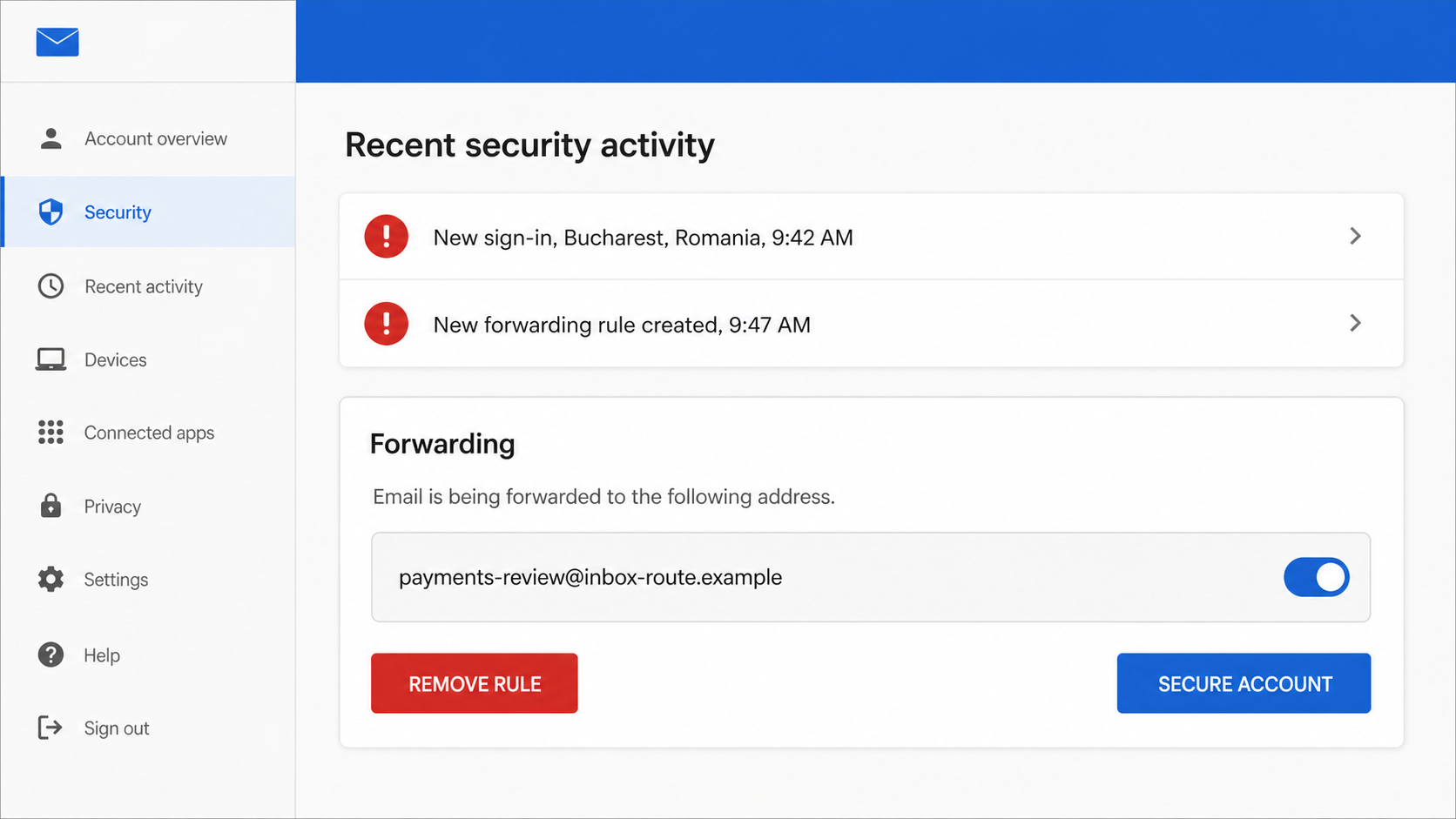 Mailbox security page showing an unfamiliar sign-in and hidden forwarding rule