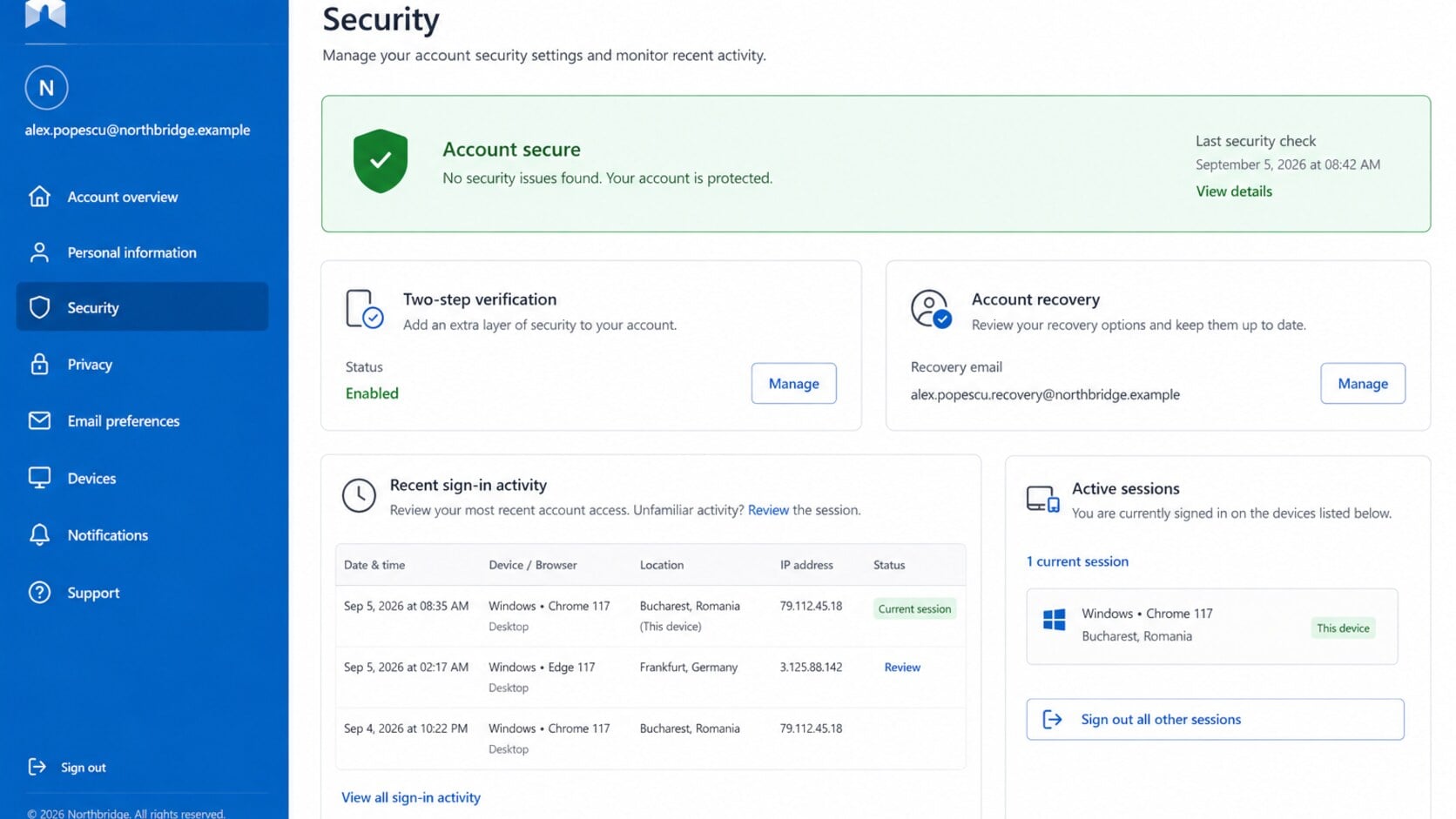 Legitimate account security dashboard showing sign-in activity and two-step verification