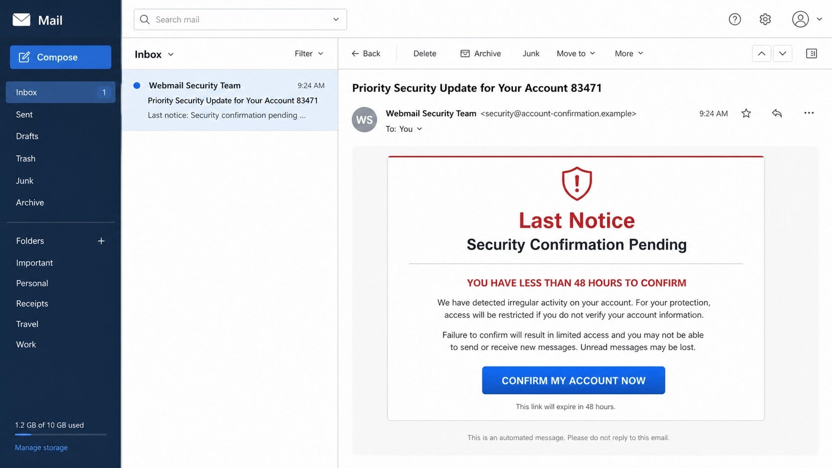 Webmail Security Confirmation Pending phishing email threatening account restrictions within 48 hours