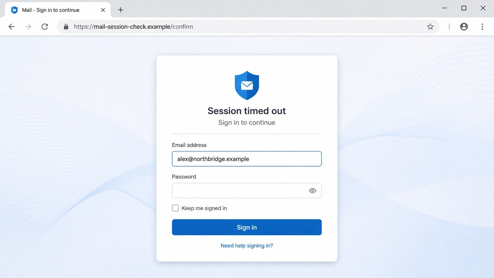 Fake webmail session timed out page requesting a password on an unrelated domain