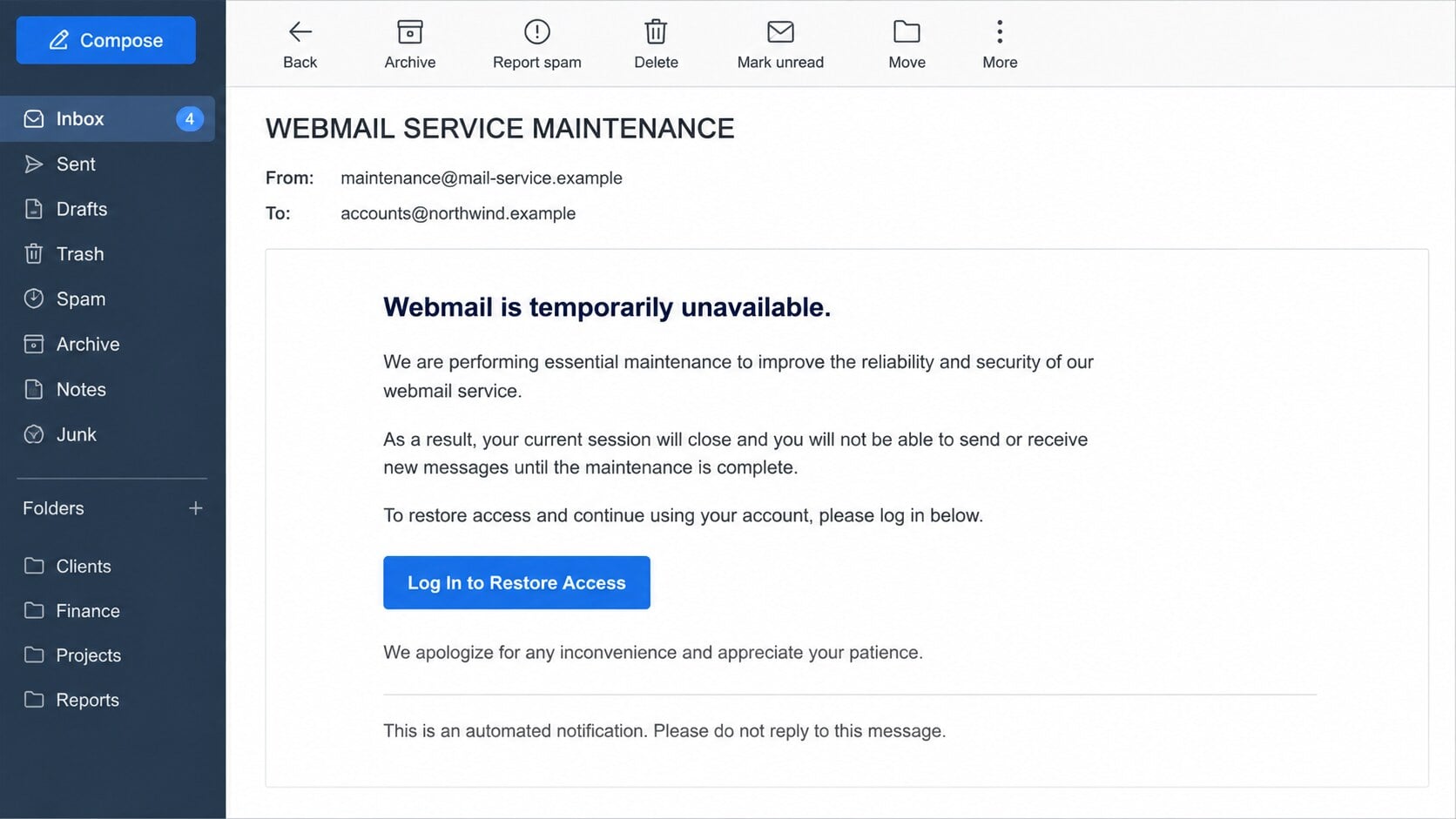 Webmail Service Maintenance phishing email offering a login button to restore access