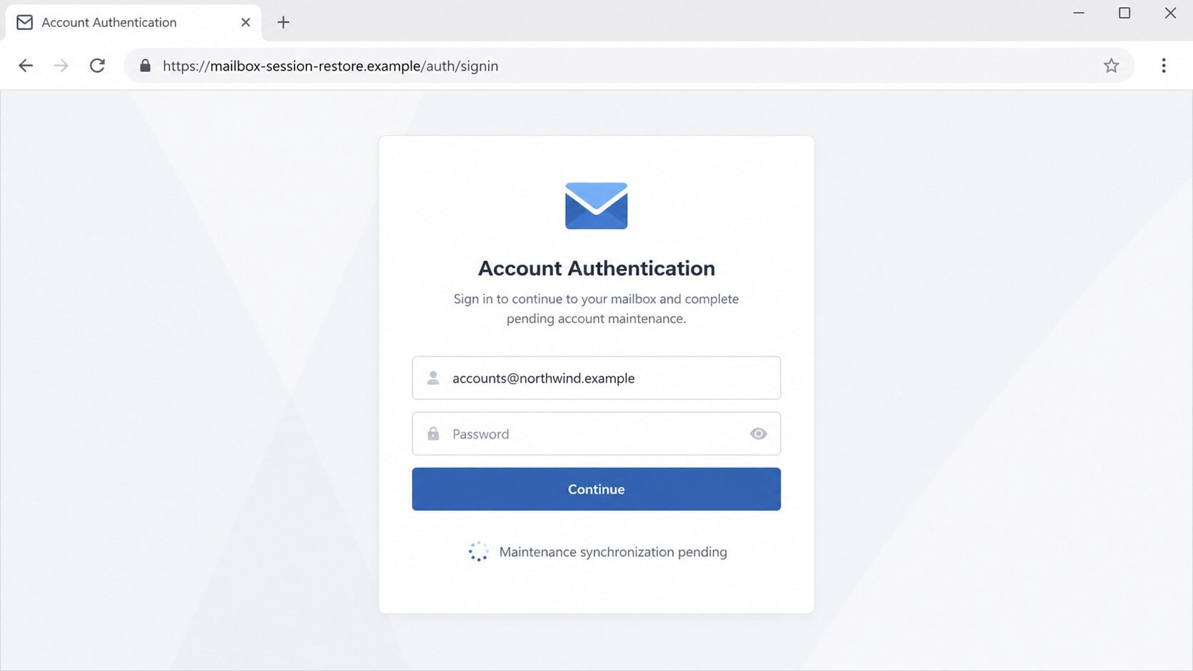 Fraudulent account authentication page claiming maintenance synchronization is pending