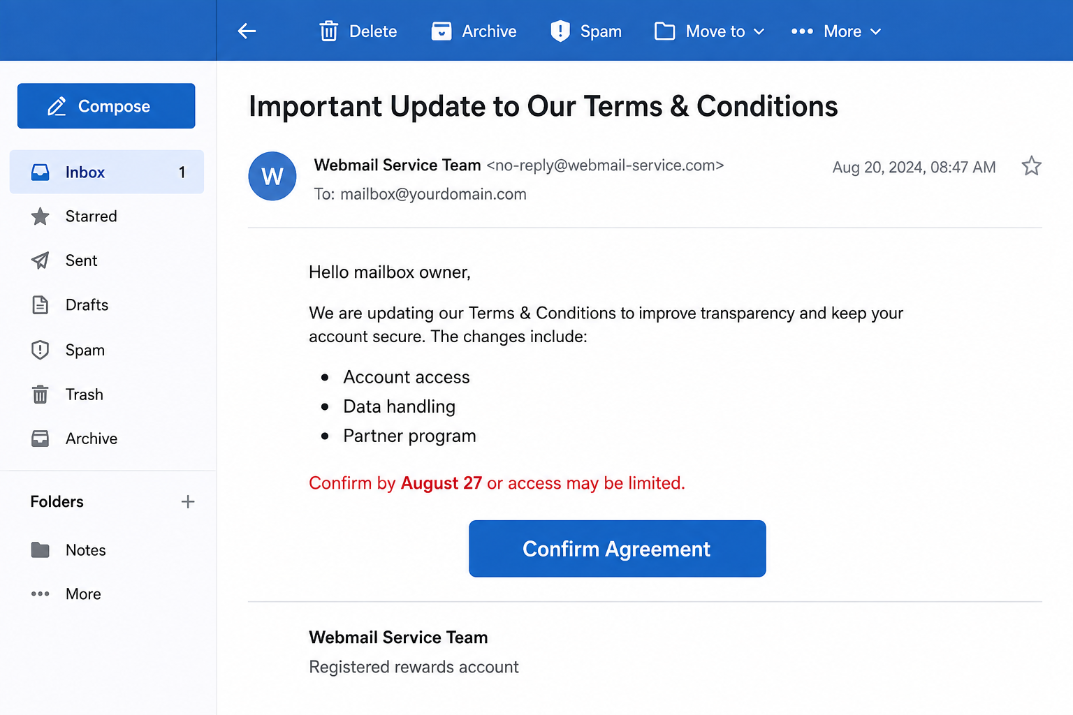 Webmail Optimum Terms Update Scam Exposed: Fake Phishing Investigation 1 Fake webmail terms and conditions update email demanding confirmation