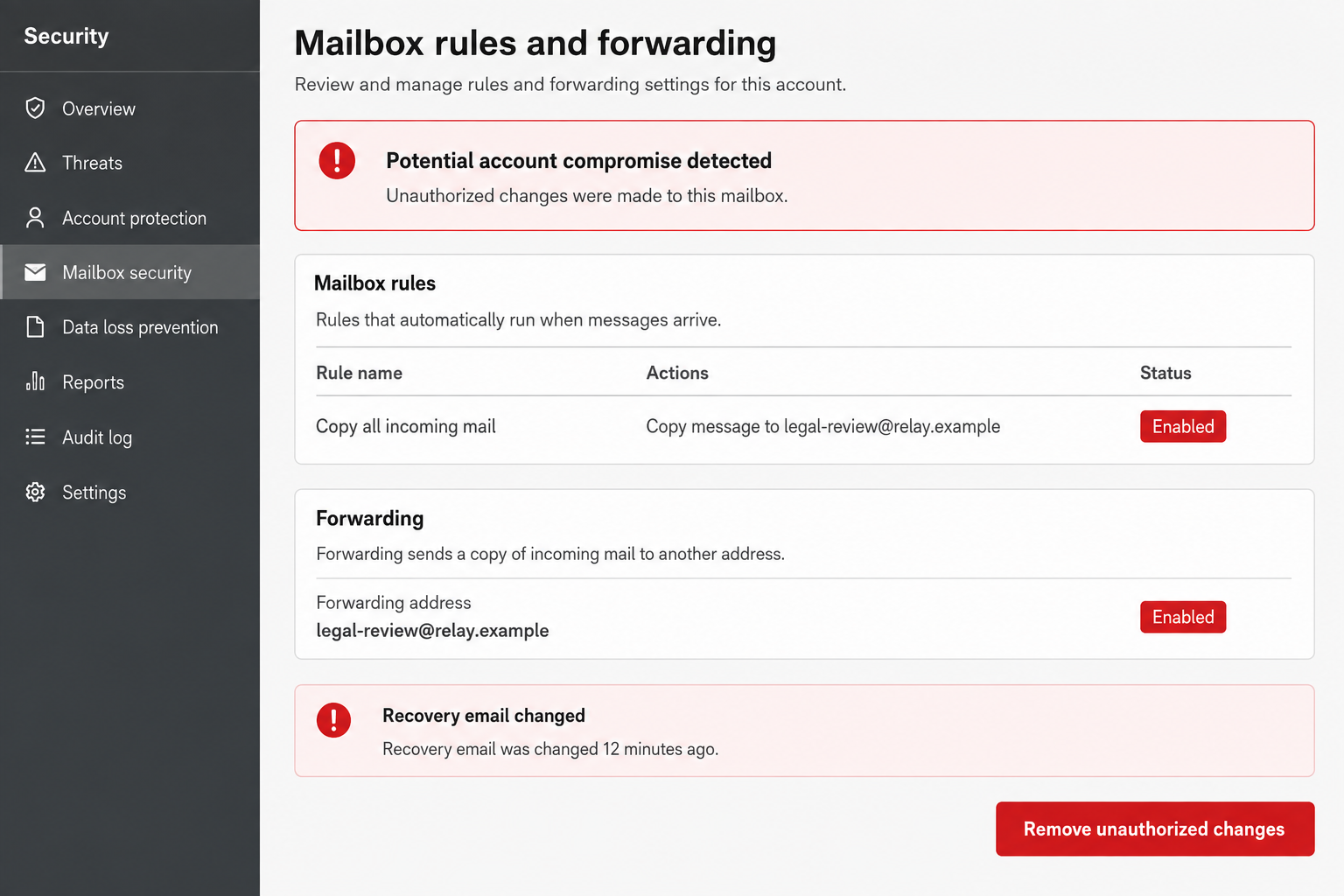 Webmail Optimum Terms Update Scam Exposed: Fake Phishing Investigation 3 Mailbox security panel showing unauthorized forwarding and recovery changes