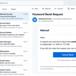 Fake Webmail Password Reset Request email with a Cancel Reset button