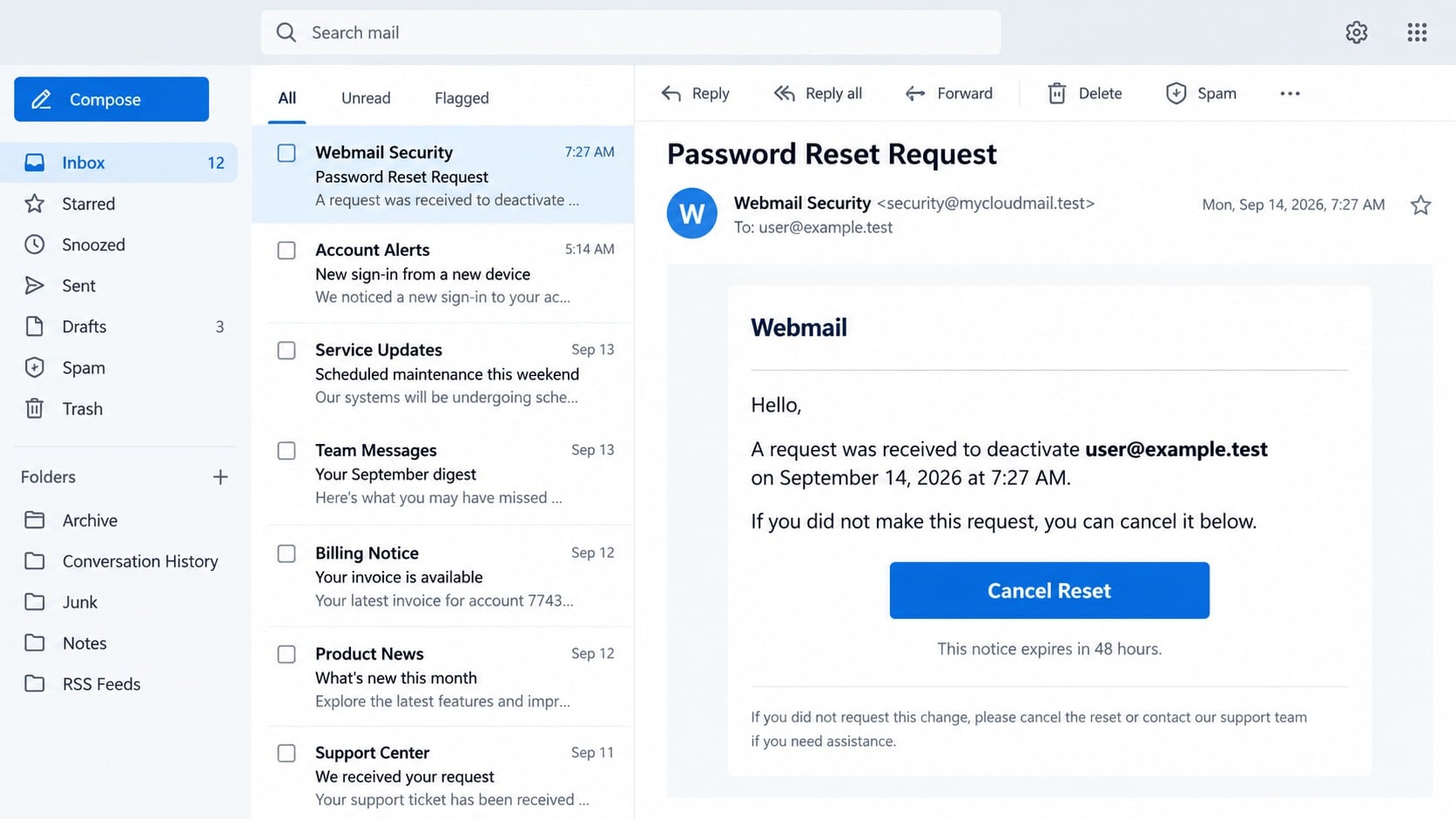 Fake Webmail Password Reset Request email with a Cancel Reset button