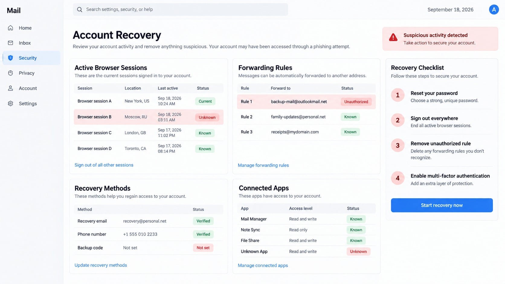 Mailbox security dashboard used to review sessions and recovery settings