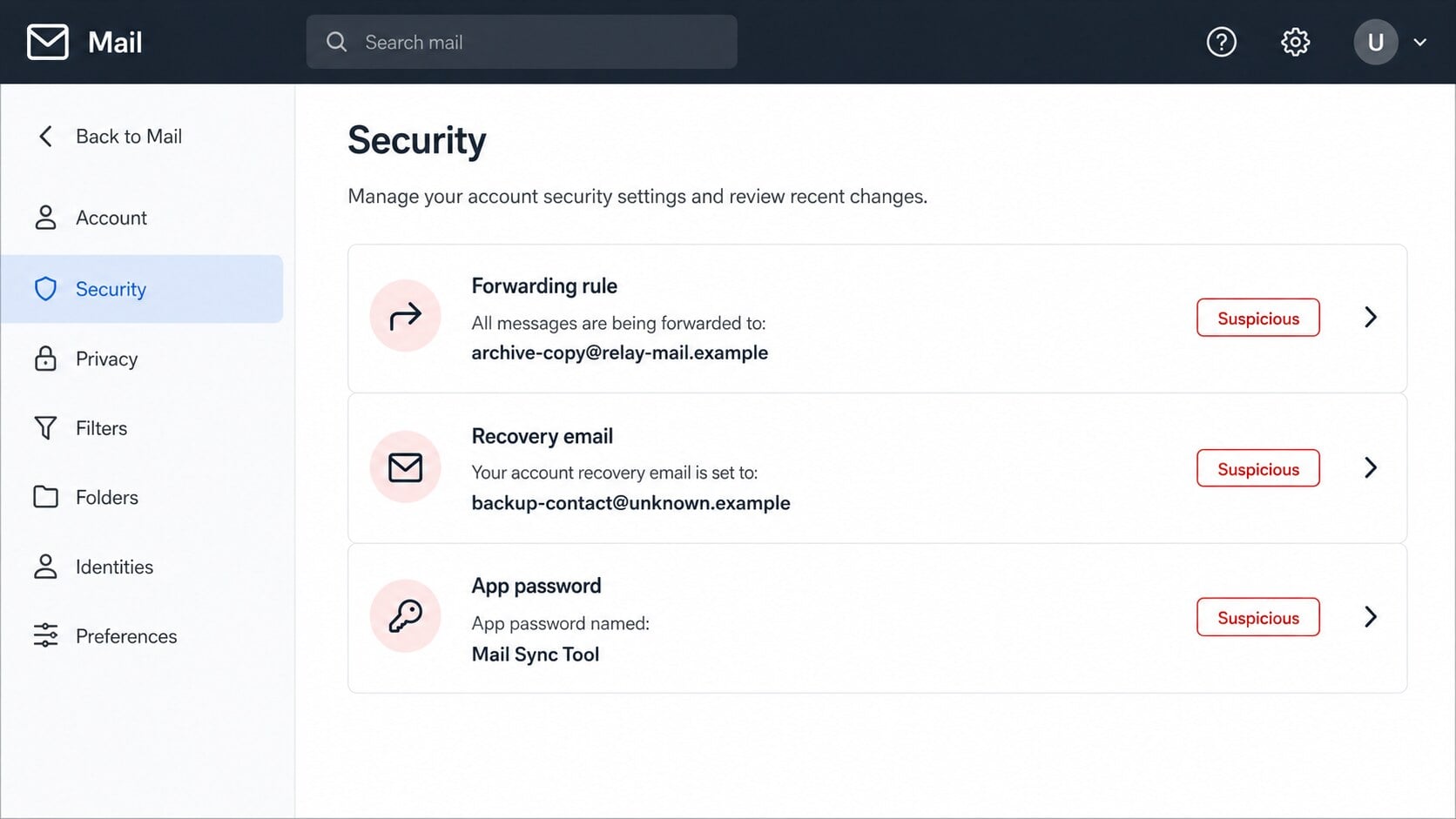 Webmail security settings showing suspicious forwarding recovery and app-password changes