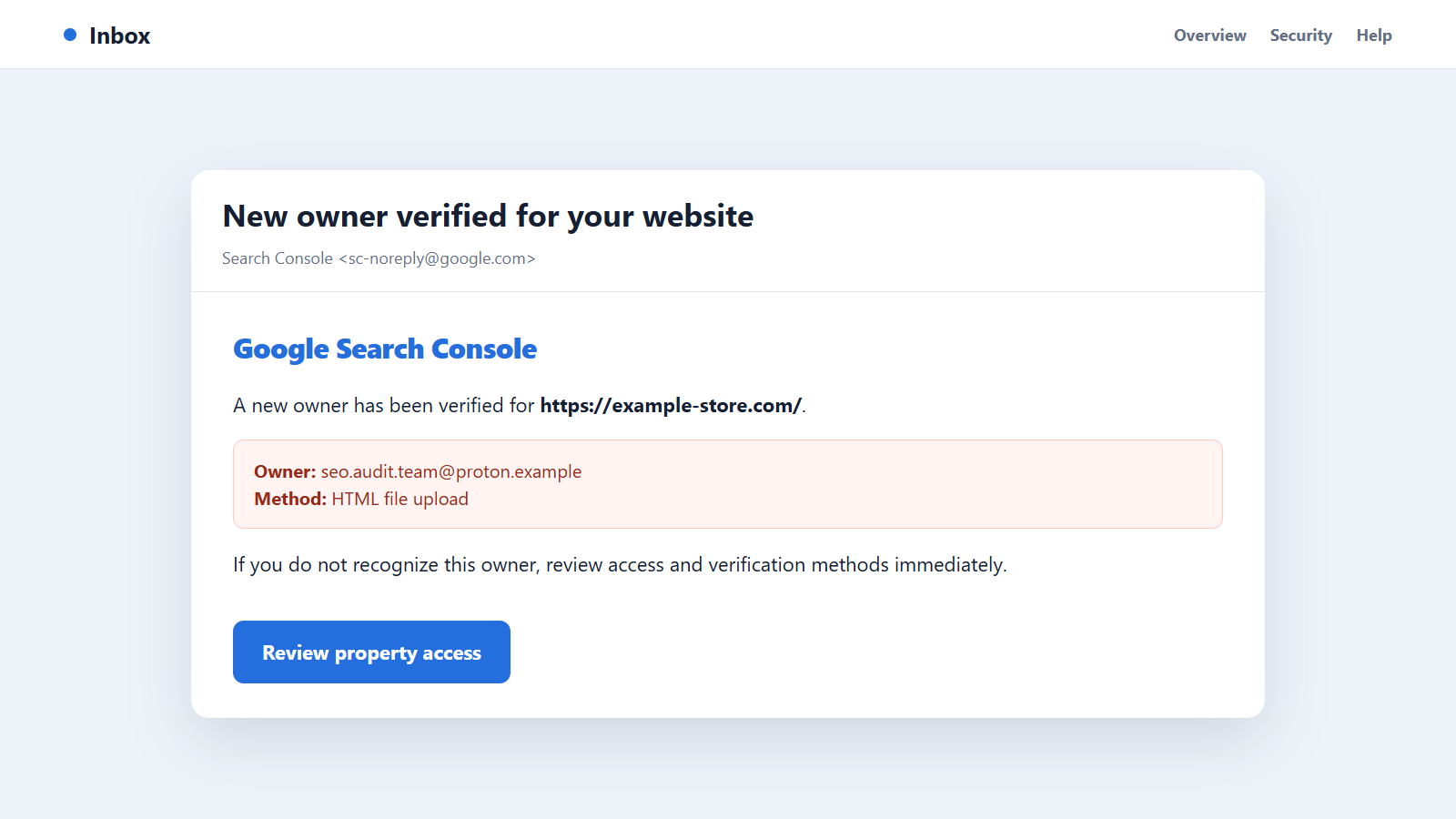 Reconstructed Search Console alert showing an unknown verified owner added to a website