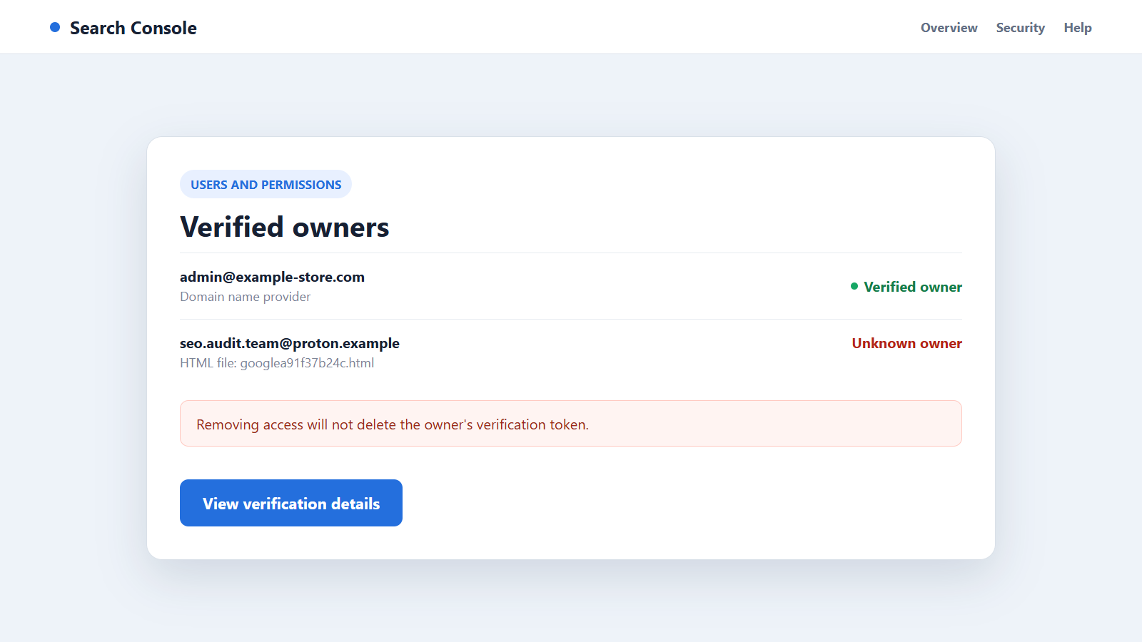 Reconstructed Search Console ownership panel showing an unauthorized owner and HTML verification token
