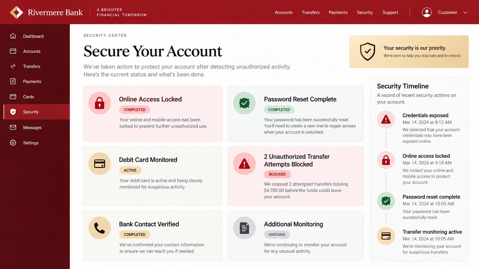 Bank security center showing transfer review and account recovery tasks