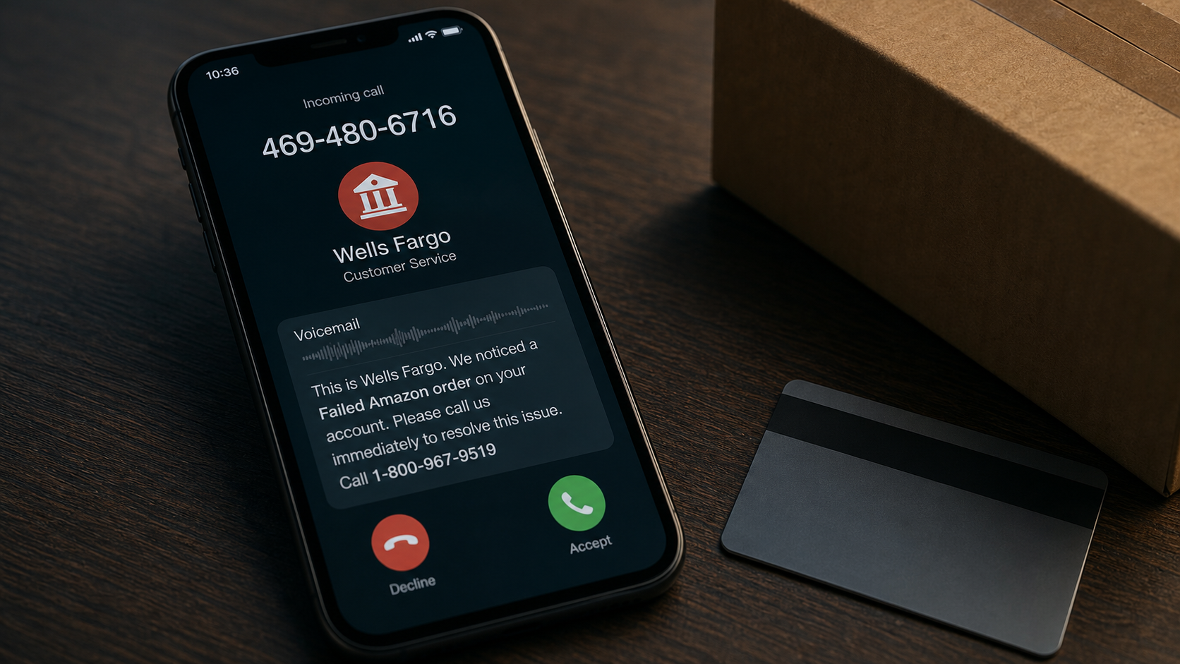 Wells Fargo Amazon Scam Calls From 469-480-6716 and 1-800-967-9519 Warning 1 Realistic reconstruction of a Wells Fargo and Amazon scam robocall from 469-480-6716