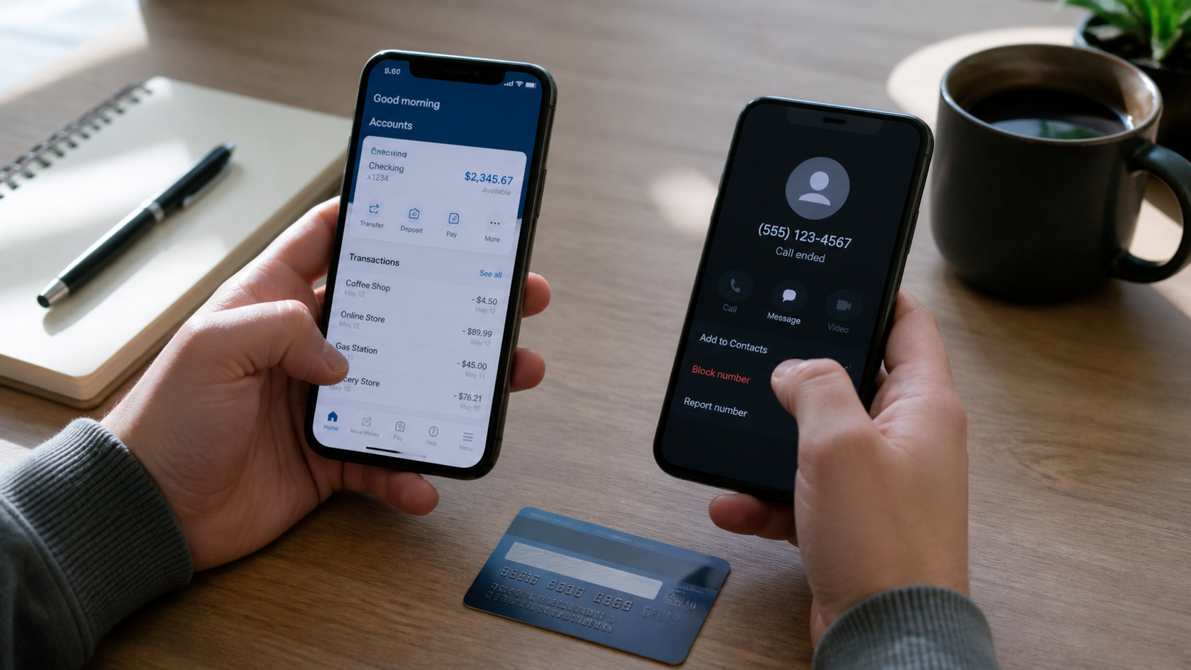 Bank customer safely checking account activity after ending a suspicious Apple Store robocall