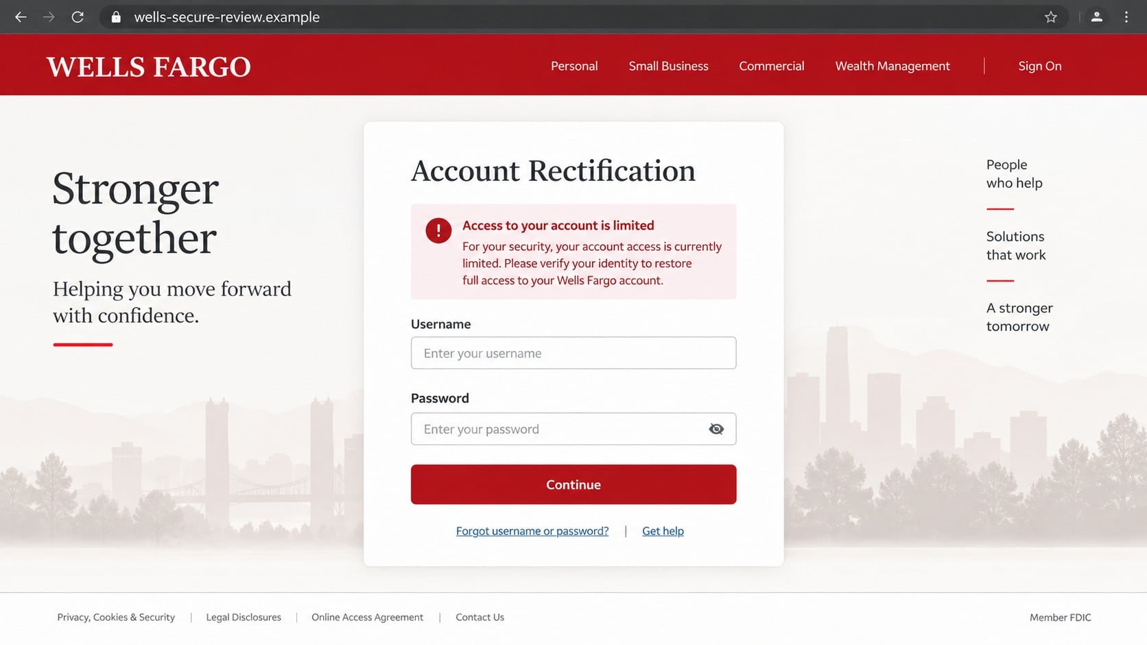 Recreated counterfeit Wells Fargo sign-on page used to collect credentials