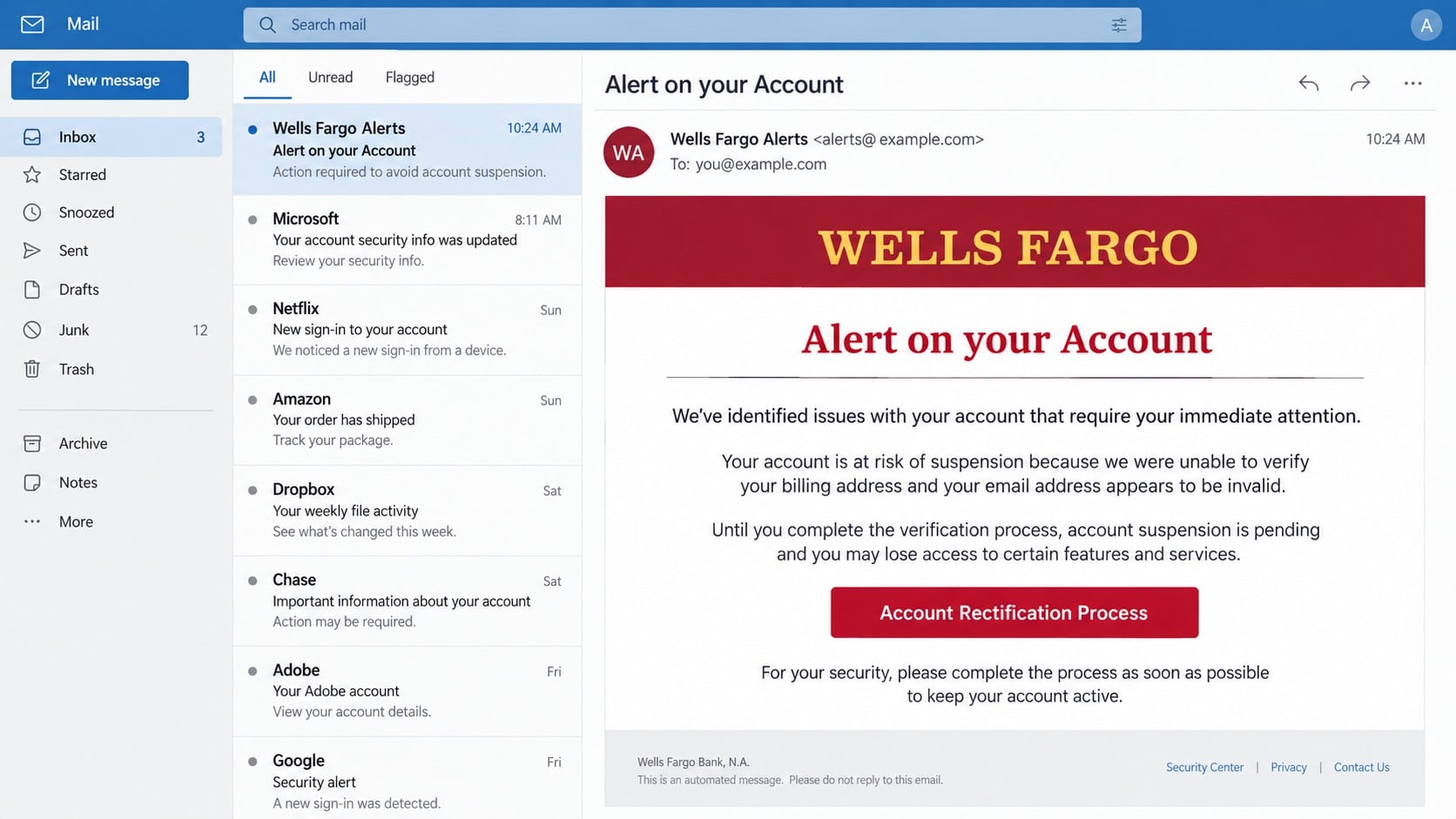 Recreated Wells Fargo pending account suspension phishing email