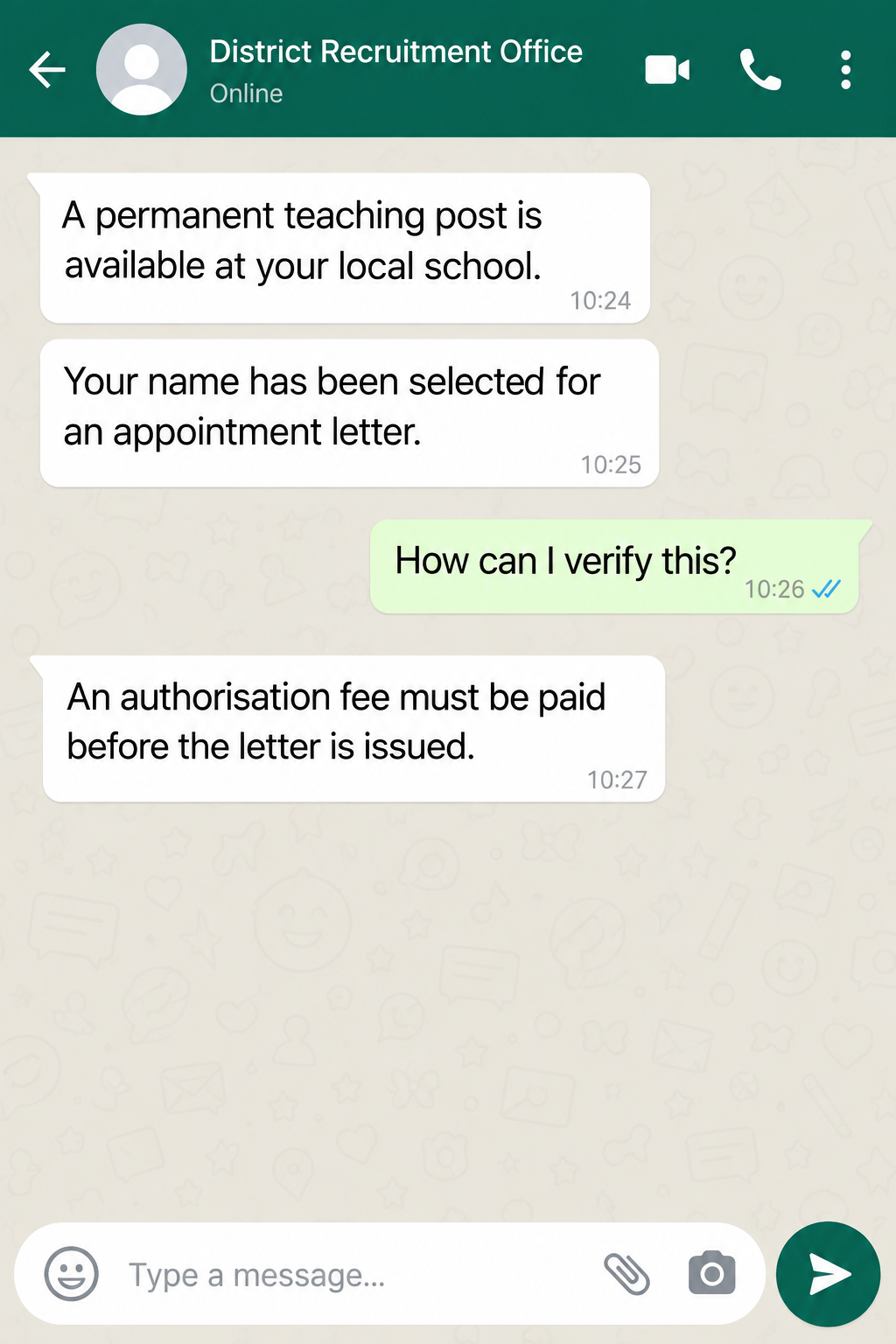 Illustrative reconstruction of a fake district recruitment chat promising a permanent teaching post