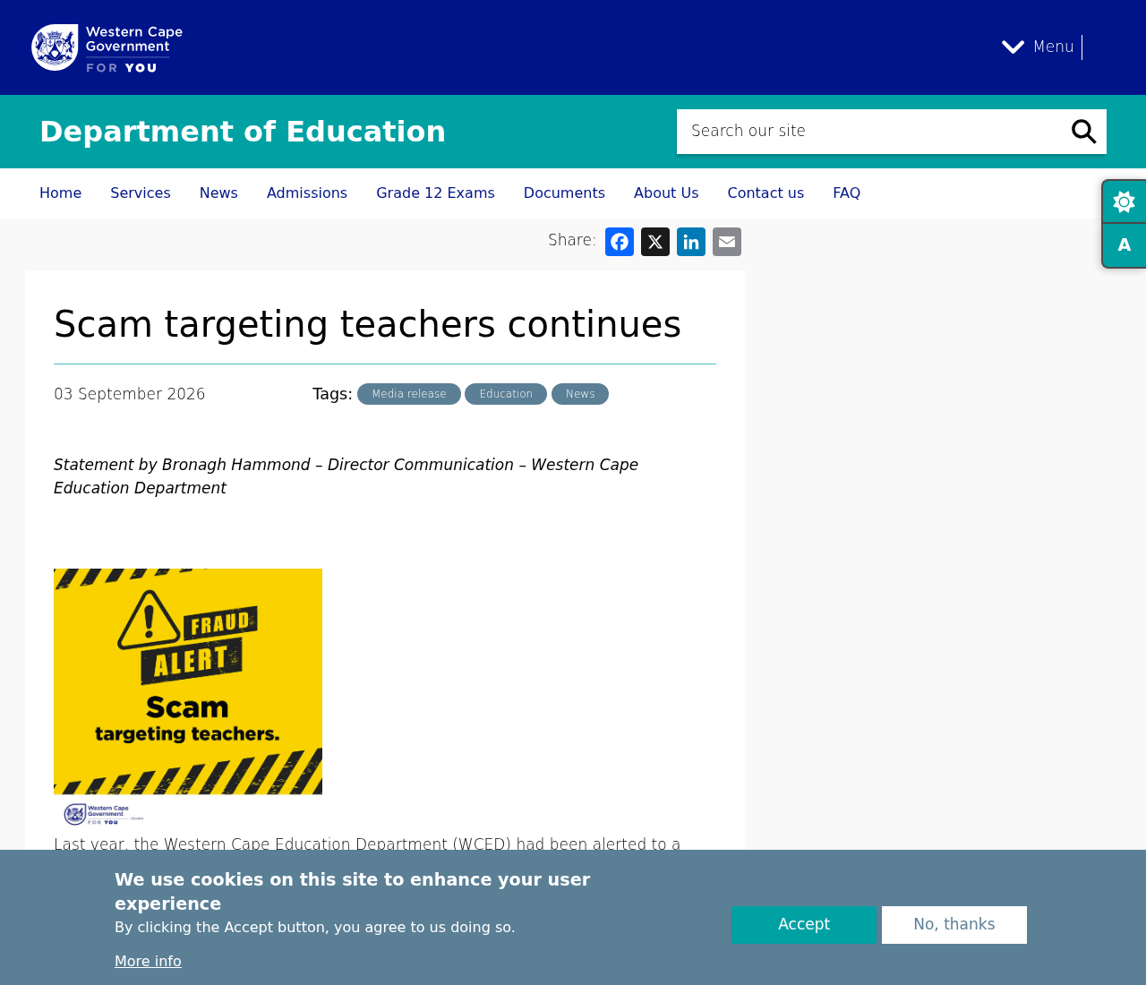 Western Cape Education Department public warning that scammers demand money for nonexistent teaching appointments