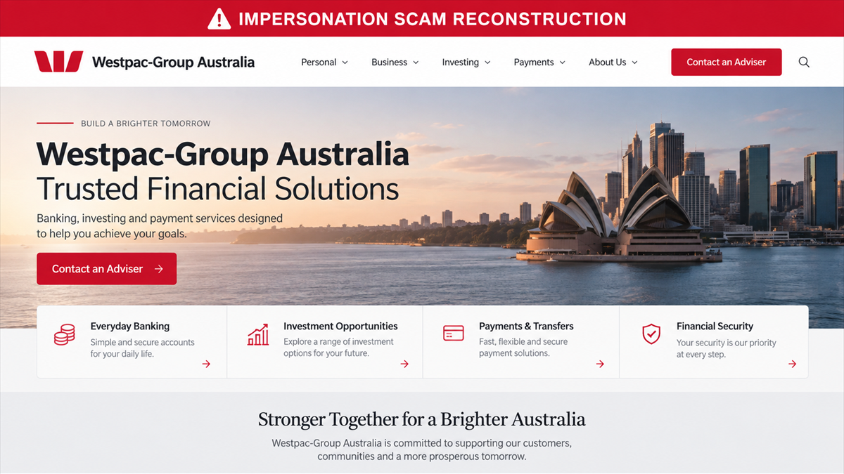 Fake Westpac-Group Australia Uses Bank Trust to Get Paid 1 Reconstruction of a fake Westpac-Group Australia website falsely presenting itself as an affiliated financial business