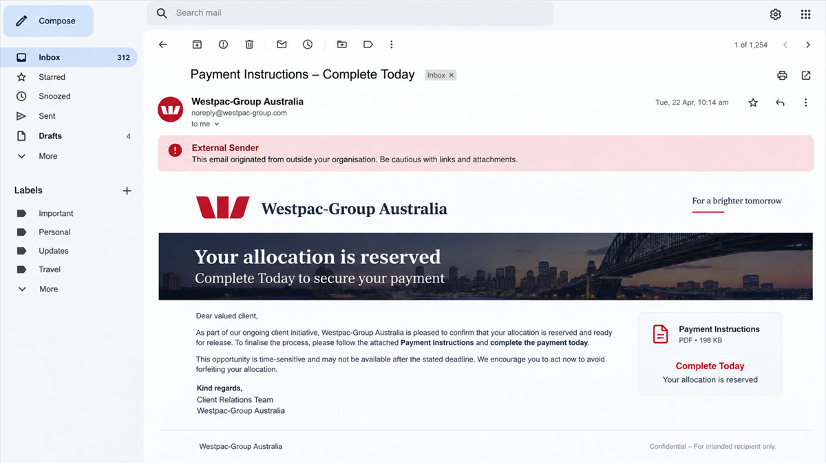 Fake Westpac-Group Australia Uses Bank Trust to Get Paid 2 Reconstruction of an unsolicited Westpac-Group Australia email containing urgent payment instructions