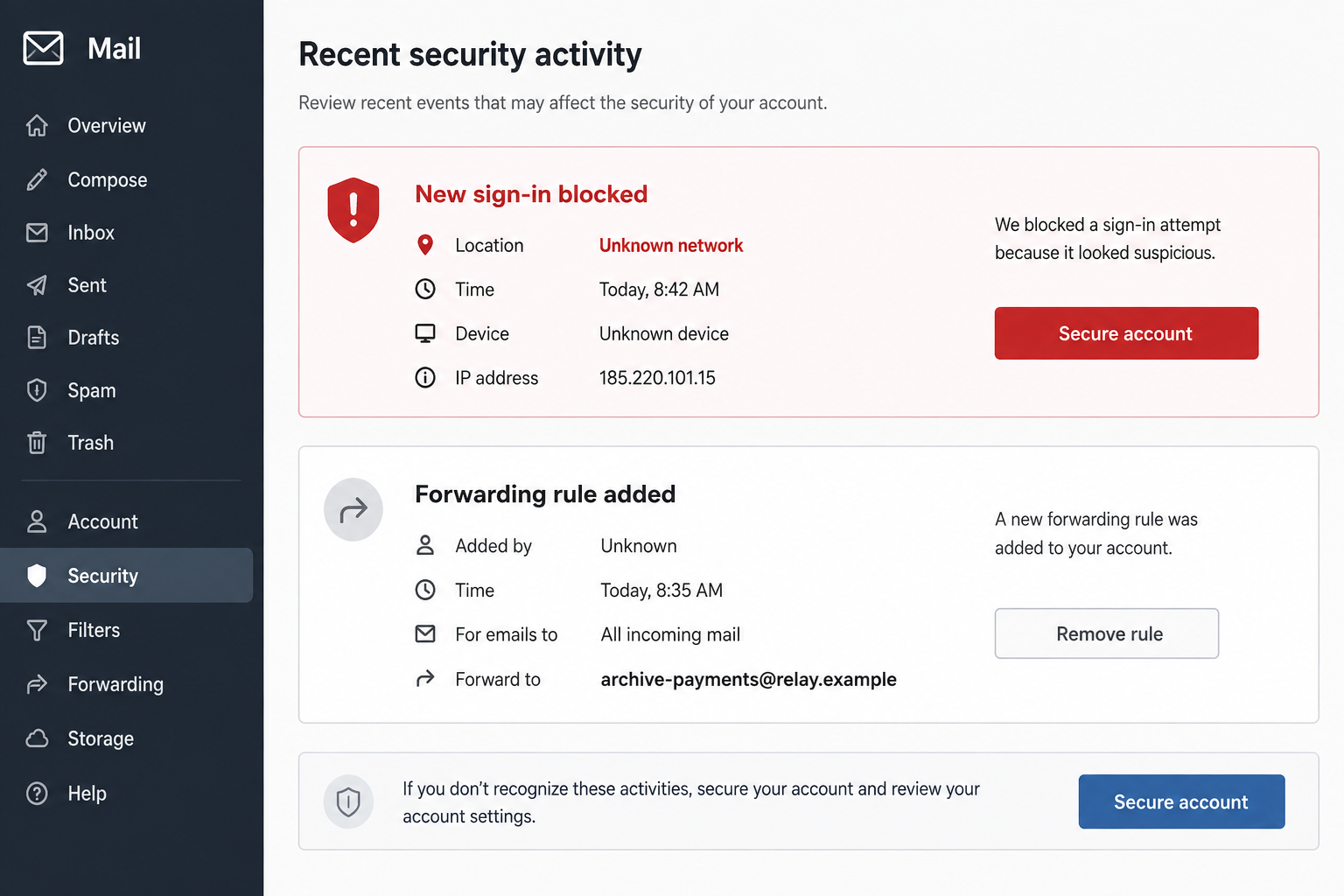 Email security activity showing a suspicious sign-in and forwarding rule