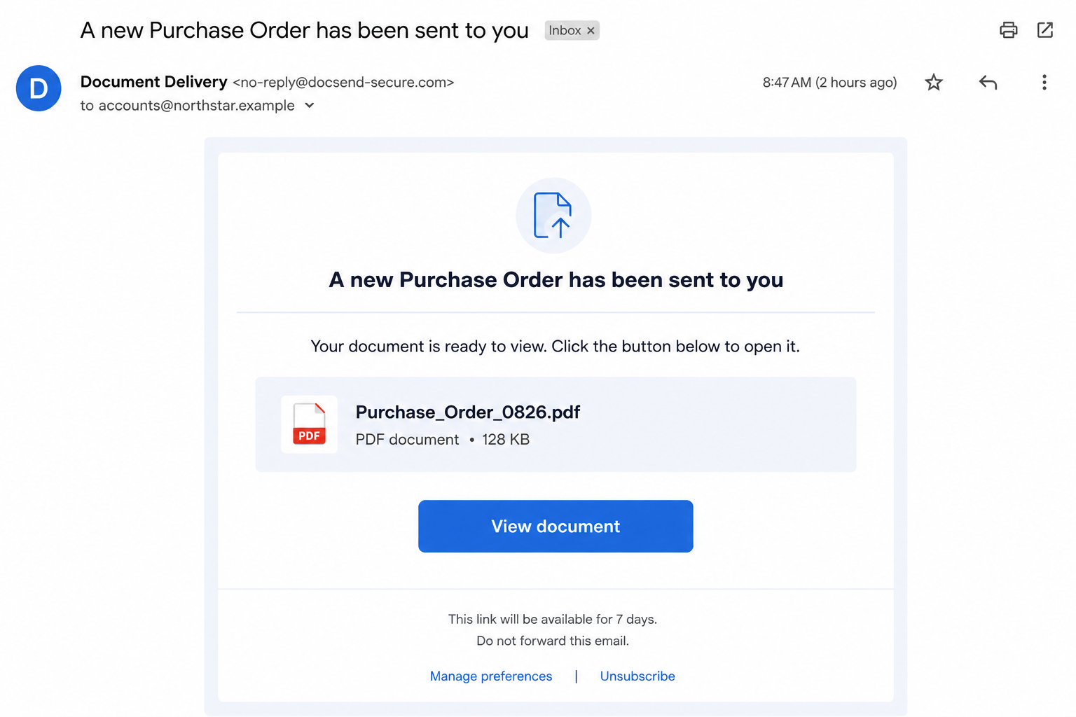 Fake purchase order file transfer email with a View document button