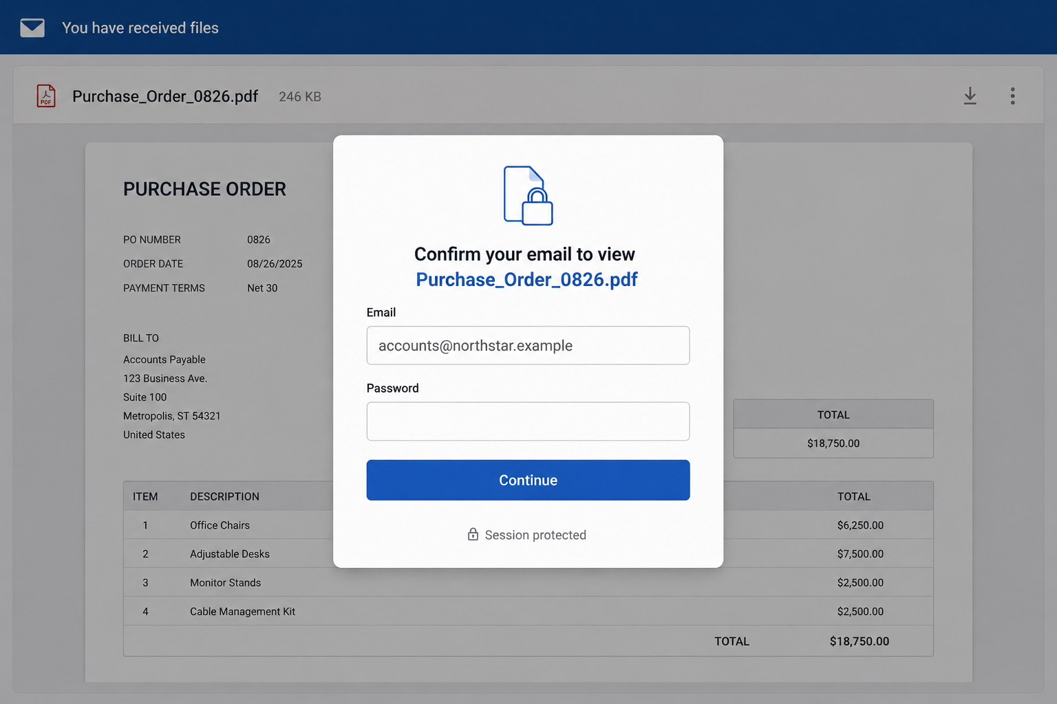 Counterfeit login page asking for a password to view a purchase order