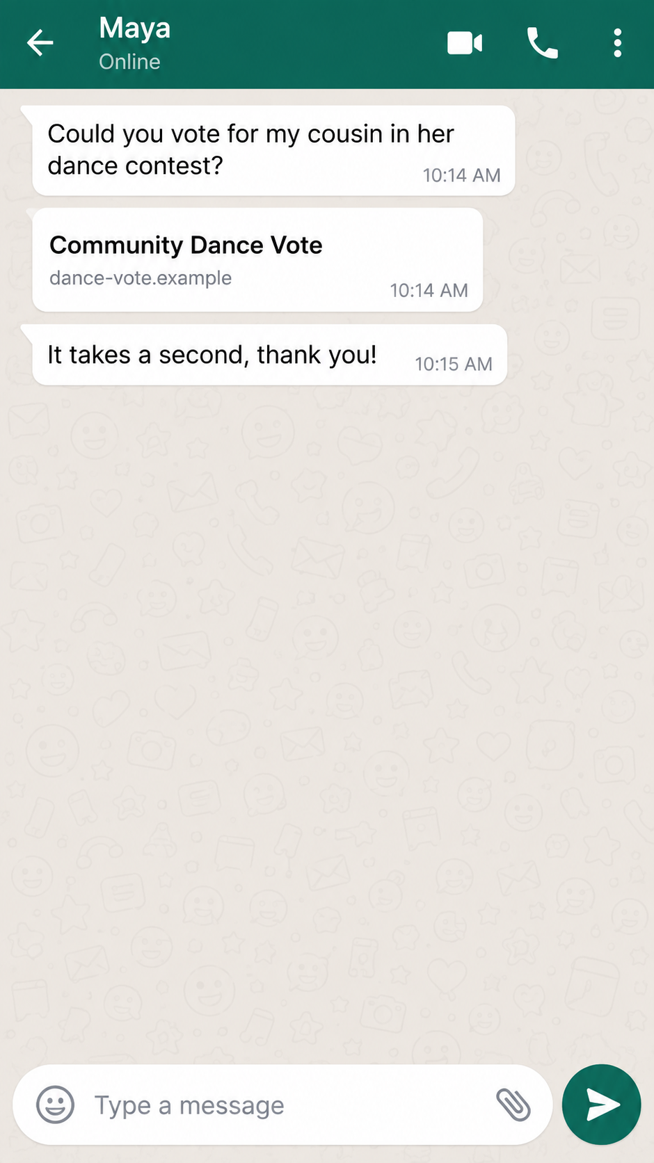 Illustrative reconstruction of a friend asking for a dance-contest vote in a messaging chat