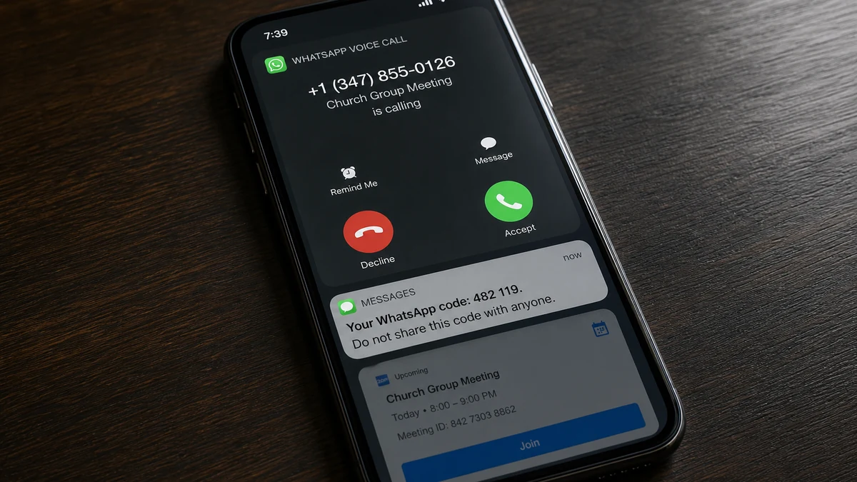 Realistic reconstruction of a fake church Zoom call arriving while a WhatsApp registration code warns not to share it