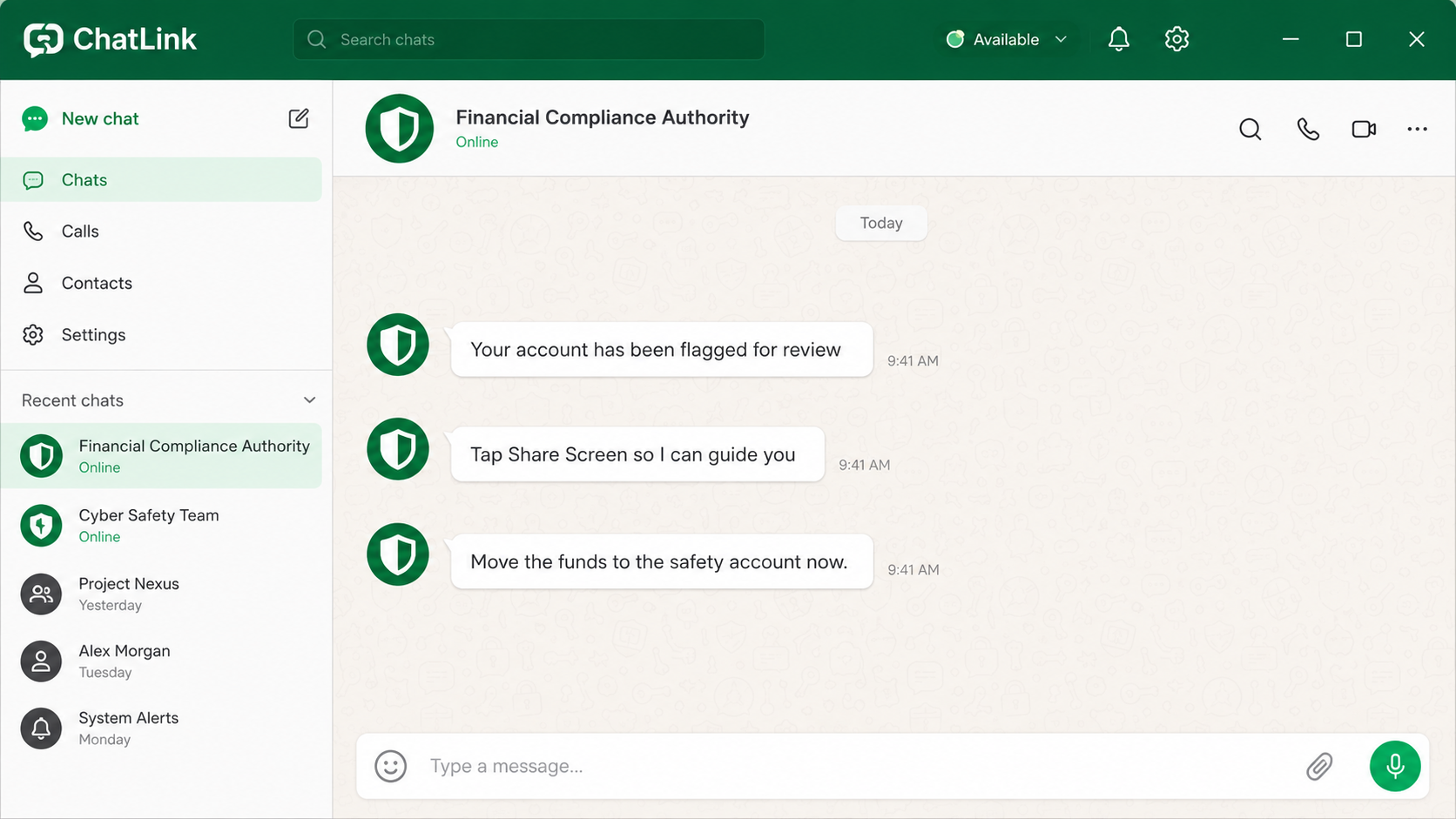 WhatsApp screen-sharing scam messages from a fake financial authority