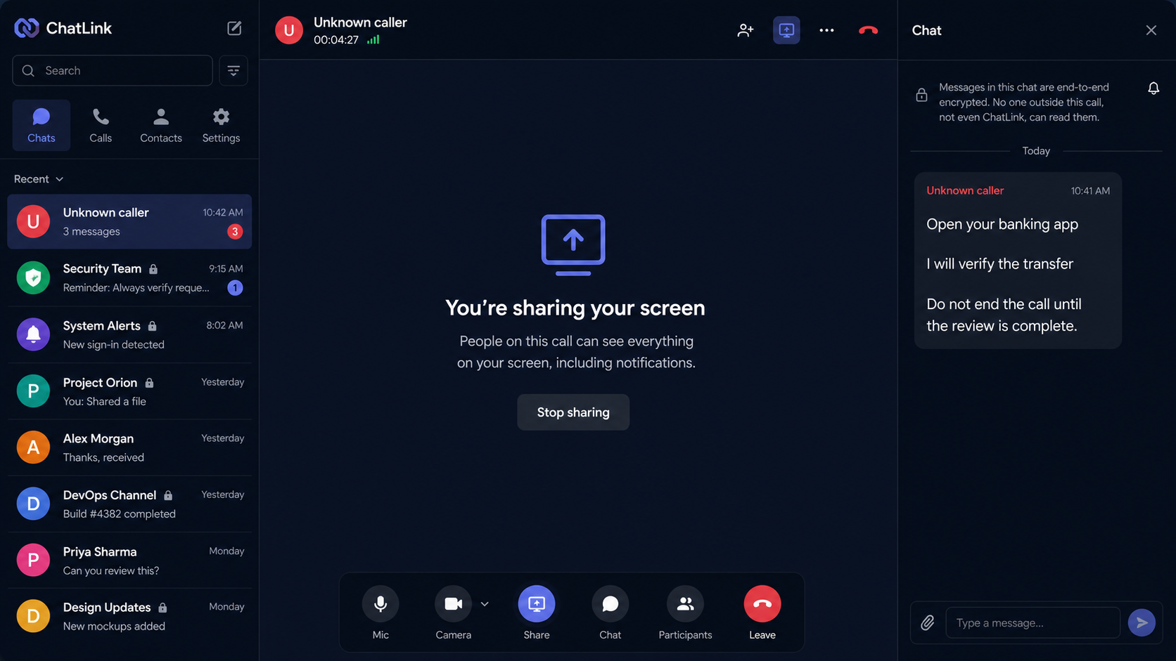 WhatsApp screen-sharing session exposing banking instructions to an unknown caller