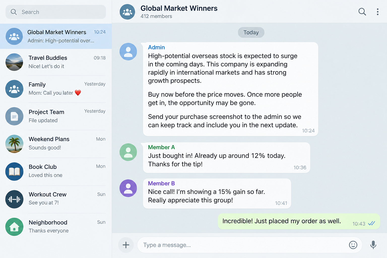 Illustrative WhatsApp-style stock tip group promoting a fictional overseas company