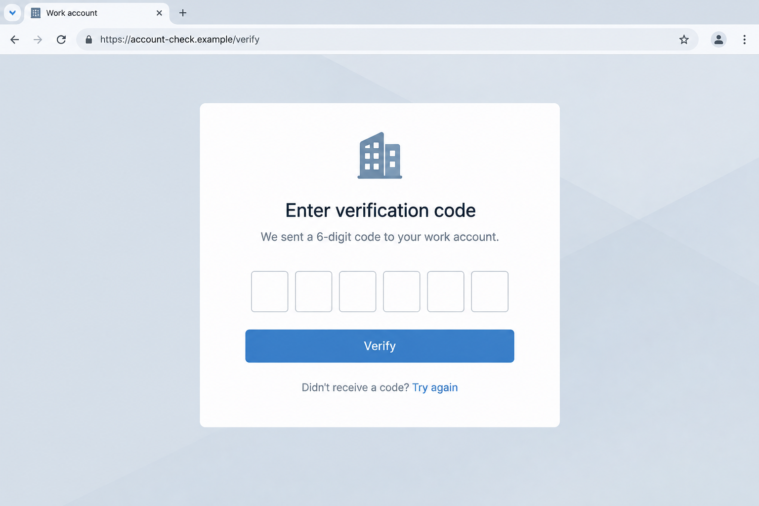 Fictional reconstruction of a work-account phishing page asking for a six-digit verification code on an example domain