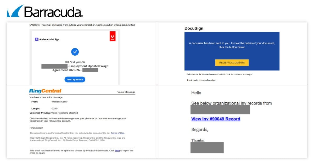 Barracuda research capture showing four different document, voicemail, and invoice email lures associated with Whisper 2FA