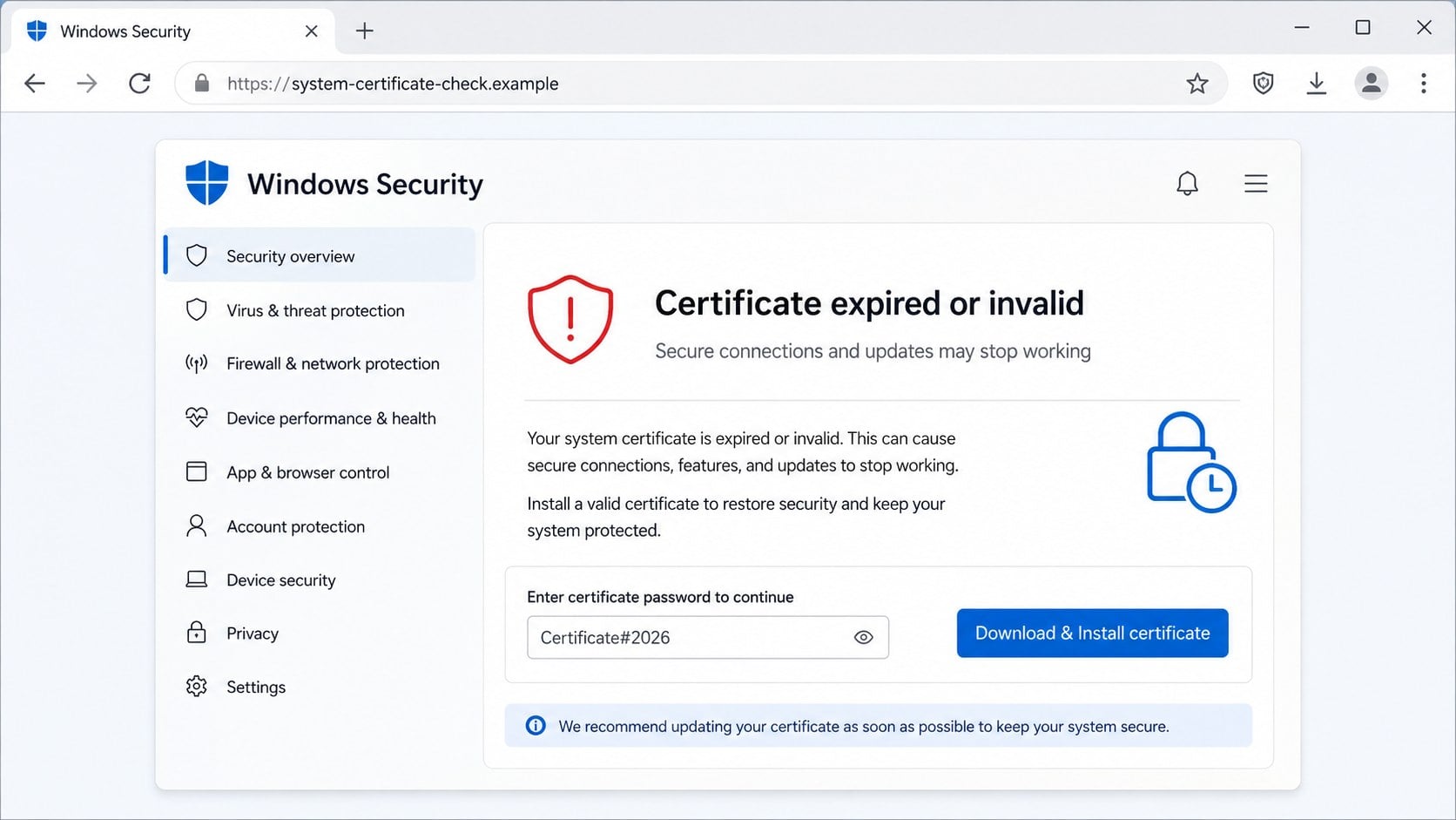 Fake Windows Security Certificate Expired alert offering a certificate download