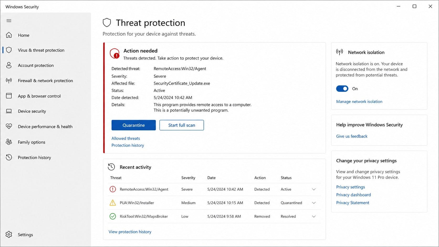 Windows Security detecting a remote-access threat in the fake certificate installer
