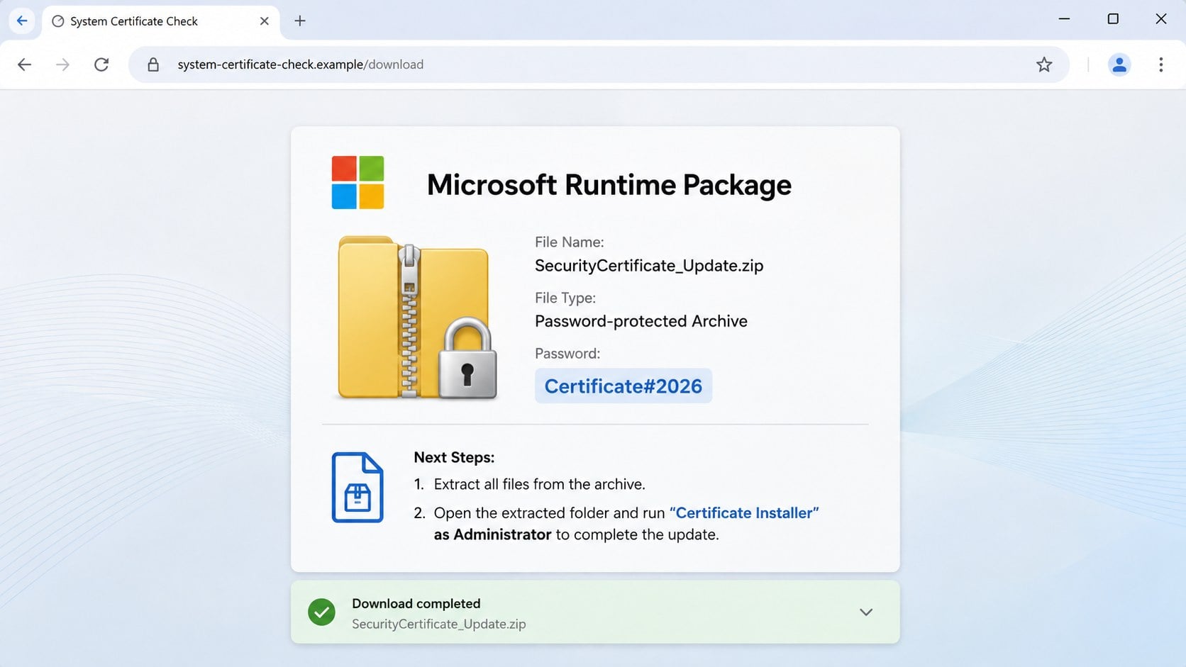 Password-protected fake Microsoft Runtime Package containing a certificate installer