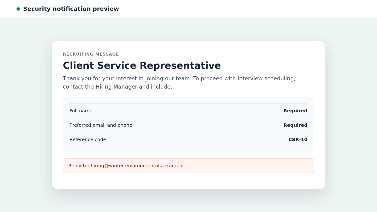 Winter Environmental Job Scam: How Fake Recruiters Steal Data and Money 1 Reconstructed Winter Environmental job scam email requesting applicant contact details