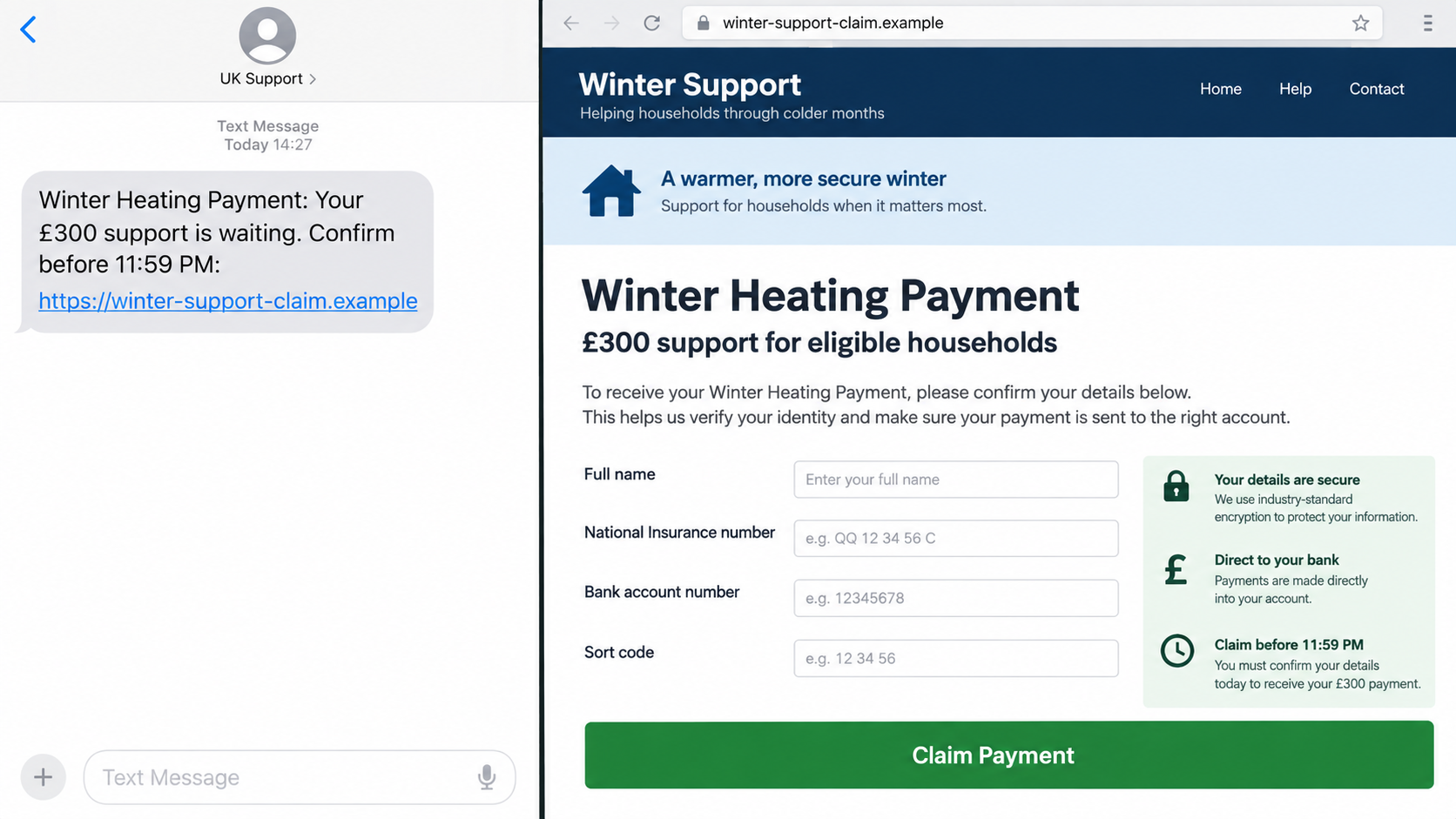 Fictional Winter Fuel Payment text linking to a copied government claim page