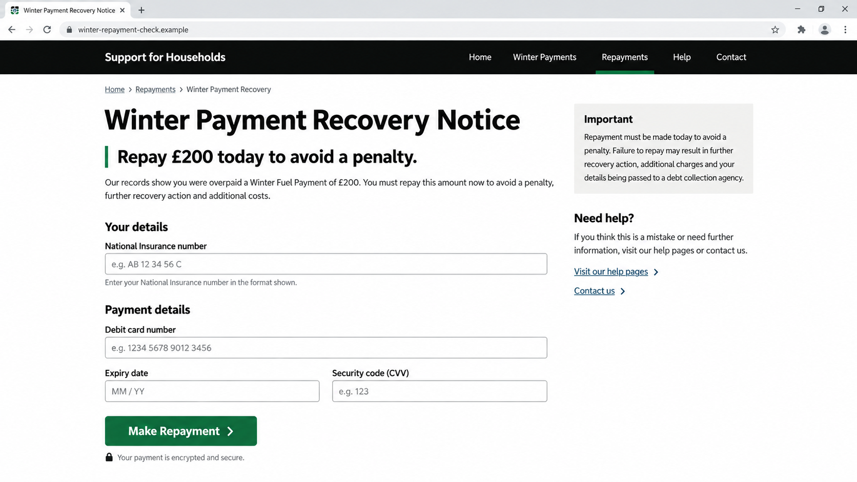 Fictional copied GOV.UK repayment form requesting card and bank details