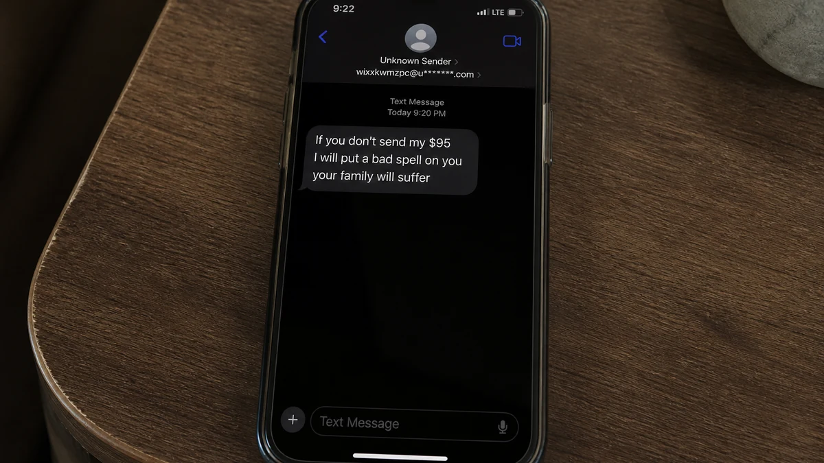 Realistic phone screen reconstruction of a curse extortion text demanding $95 and threatening harm to family members