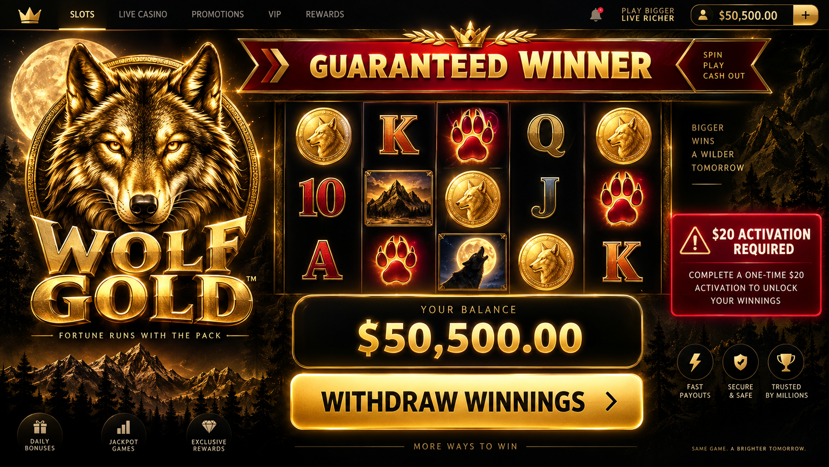 Example of a deceptive Wolf Gold casino advertisement