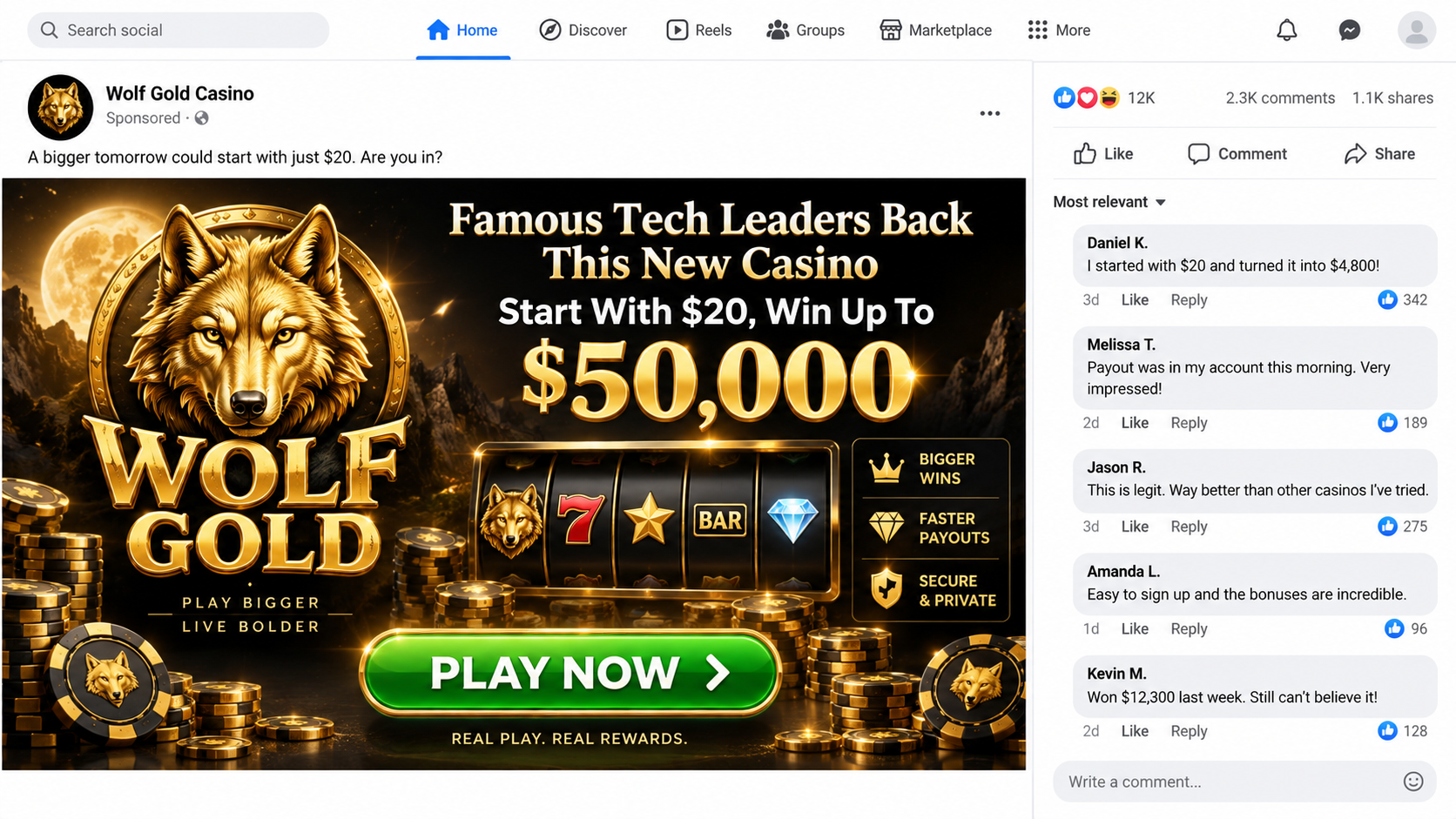 Fake social advertisement claiming famous technology leaders support Wolf Gold