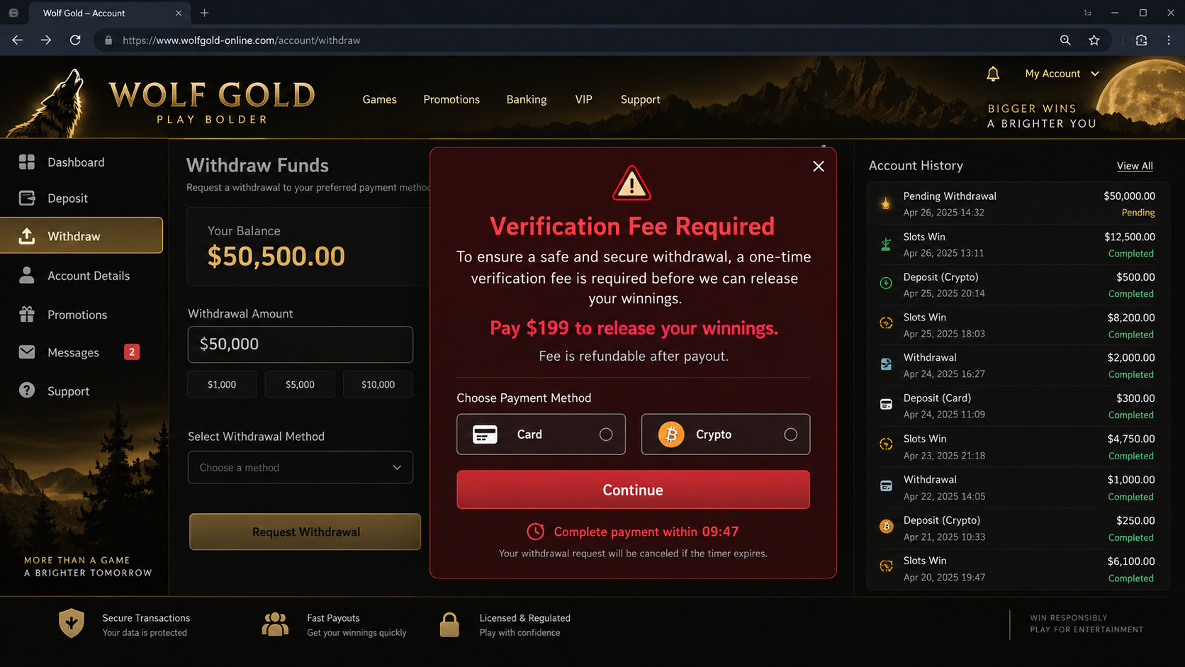 Fraudulent Wolf Gold withdrawal screen demanding a $199 verification fee