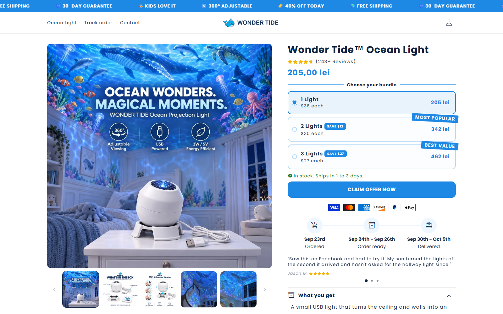 Wonder Tide Ocean Light Reviews: Marketing Exposed 1 Wonder Tide Ocean Light product page showing the small USB projector and dramatic room imagery