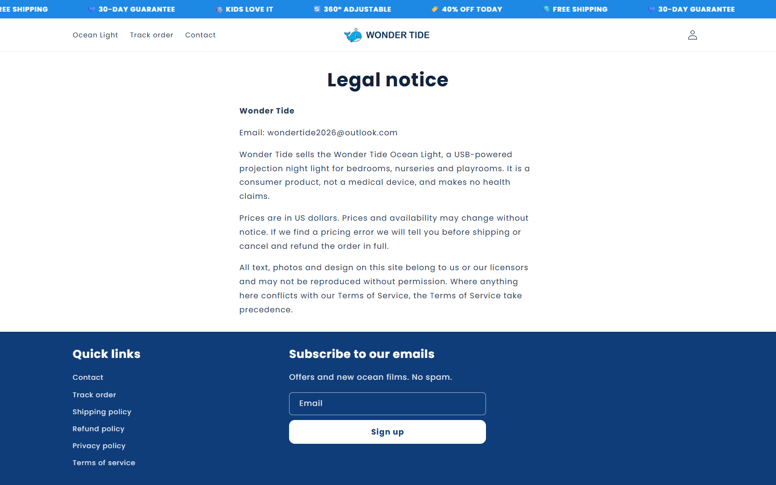 Wonder Tide Ocean Light Reviews: Marketing Exposed 2 Wonder Tide legal notice showing the brand name and an Outlook support email without a visible company address