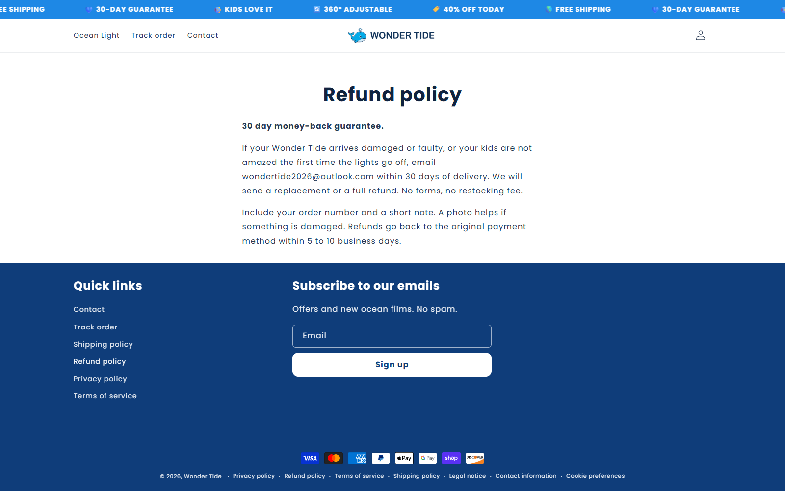 Wonder Tide Ocean Light Reviews: Marketing Exposed 3 Wonder Tide refund policy promising a 30-day refund or replacement without a restocking fee