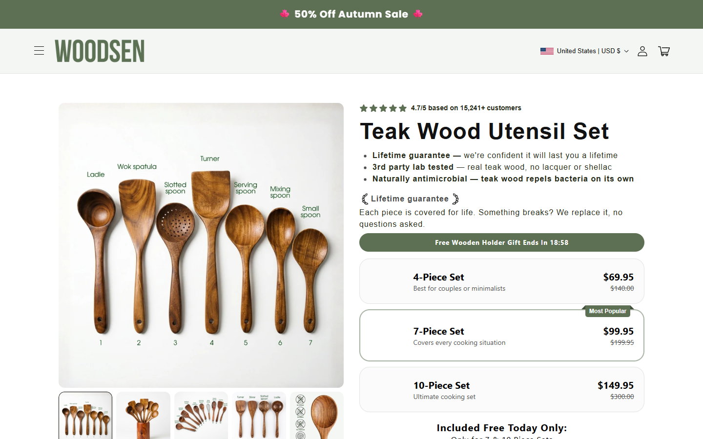 Woodsen Teak Utensils Review: Conflicting Return and Warranty Policies 1 Woodsen teak utensil product page displaying set prices and lifetime guarantee claims