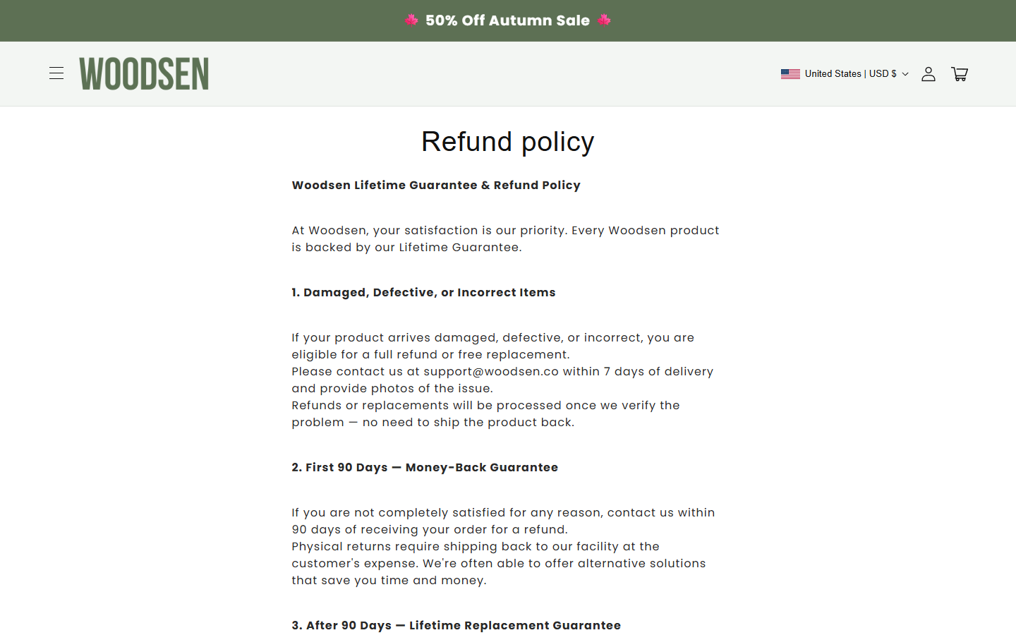 Woodsen Teak Utensils Review: Conflicting Return and Warranty Policies 2 Woodsen refund policy describing the first 90 days and customer-paid return shipping